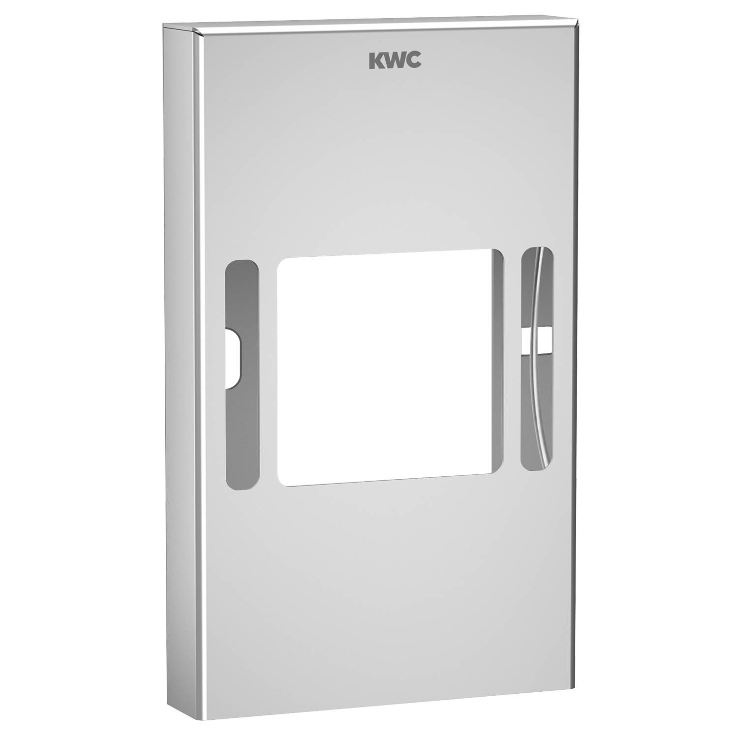 Ein rechteckiger, metallischer Papierhandtuchspender mit einer vertikalen Öffnung und der Markenbezeichnung 'KWC' oben vor einem schwarzen Hintergrund.