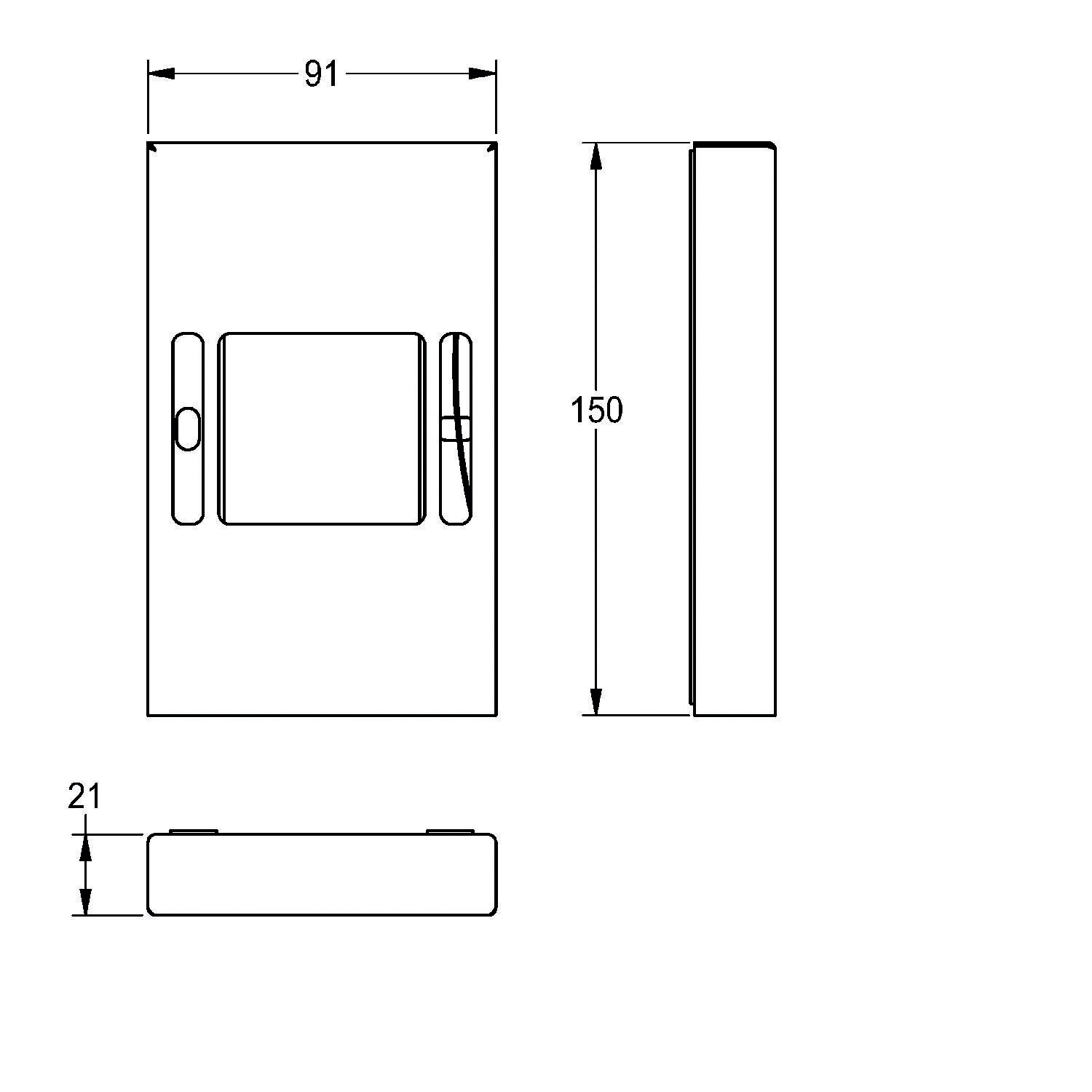 Technische Zeichnung eines rechteckigen Objekts mit Abmessungen 91x150x21 mm, mit einem zentralen rechteckigen Bereich und seitlichen Details.