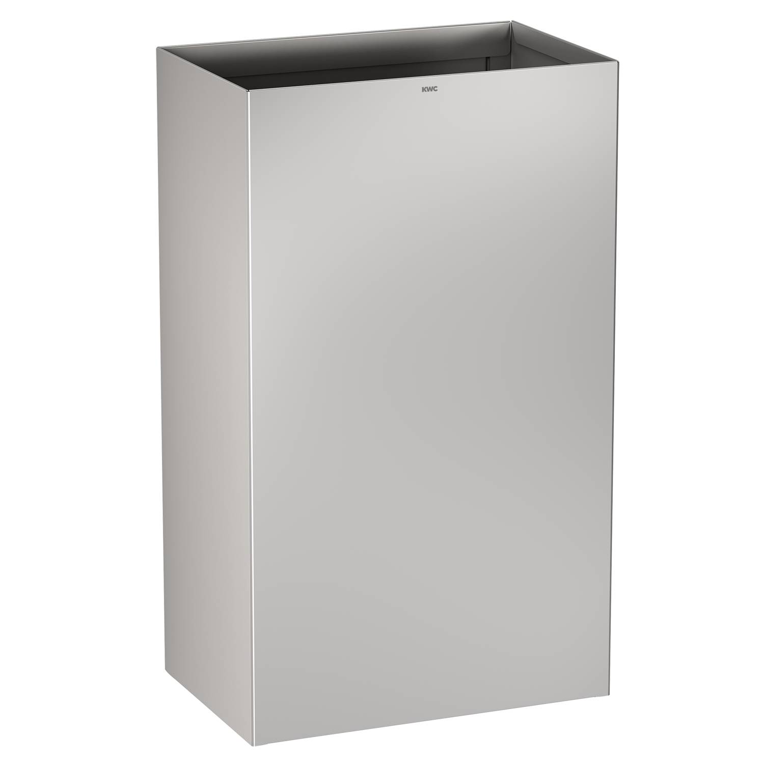 Eine schlanke, rechteckige, silberne Mülltonne mit minimalistischem Design. Sie hat einen offenen Deckel und glatte Seitenwände, passend für moderne Innenräume.