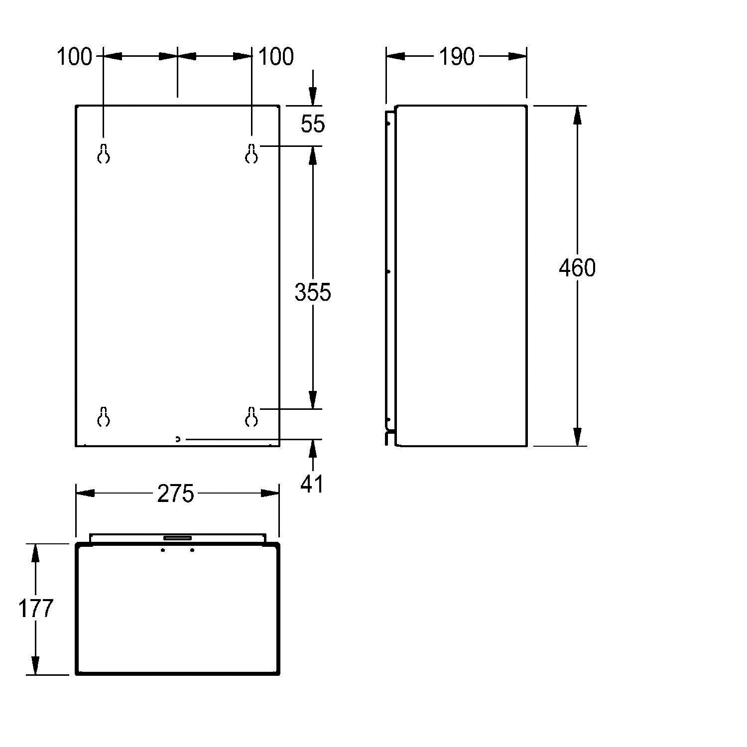 Diagramm eines rechteckigen Objekts mit Abmessungen: 275 mm breit, 460 mm hoch, 177 mm Tiefe. Zusätzliche Messungen enthalten.