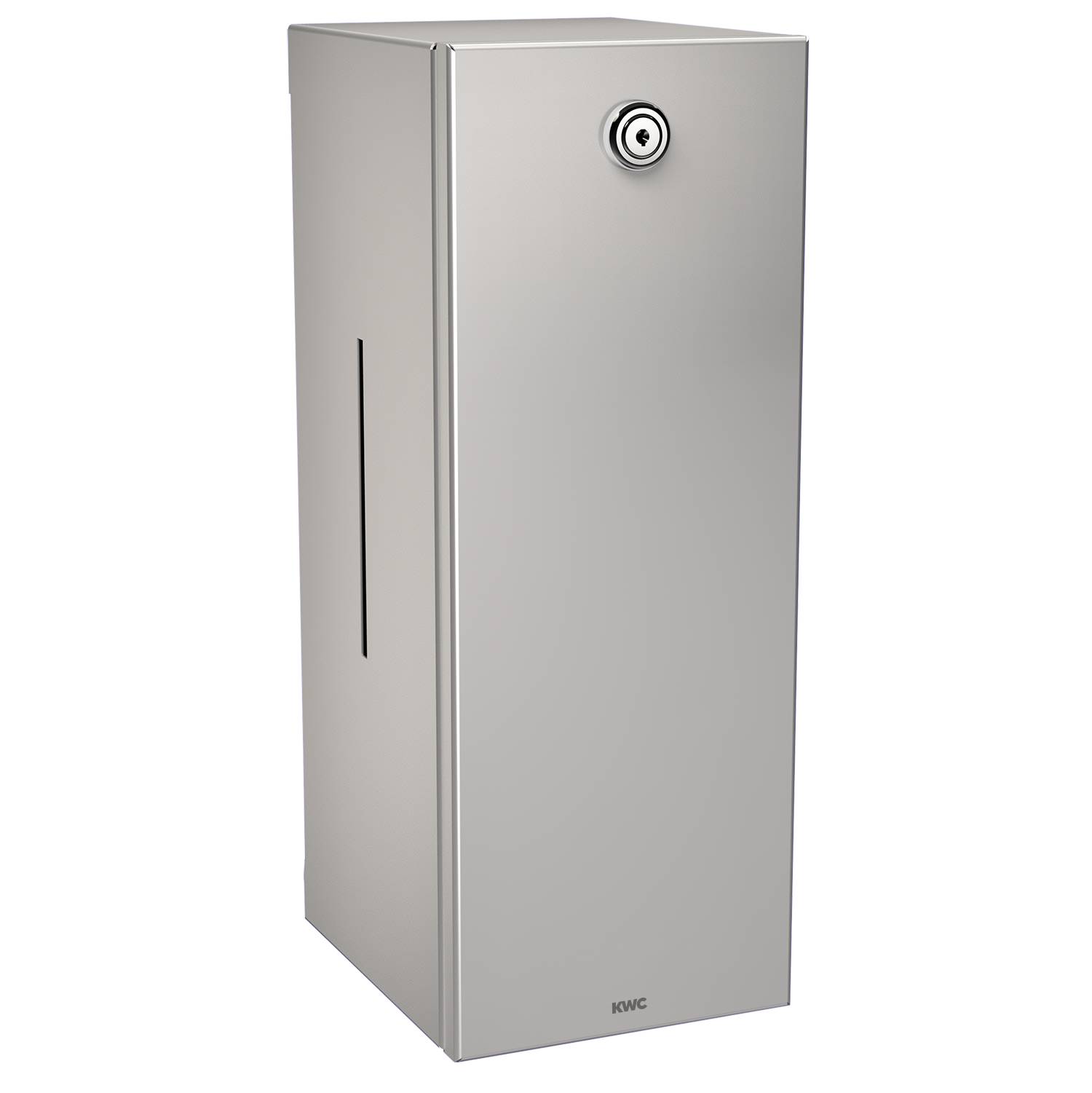 Ein schlanker, silberner Metalldispenser mit einem kreisförmigen Schloss an der Oberseite, vor einem schwarzen Hintergrund.