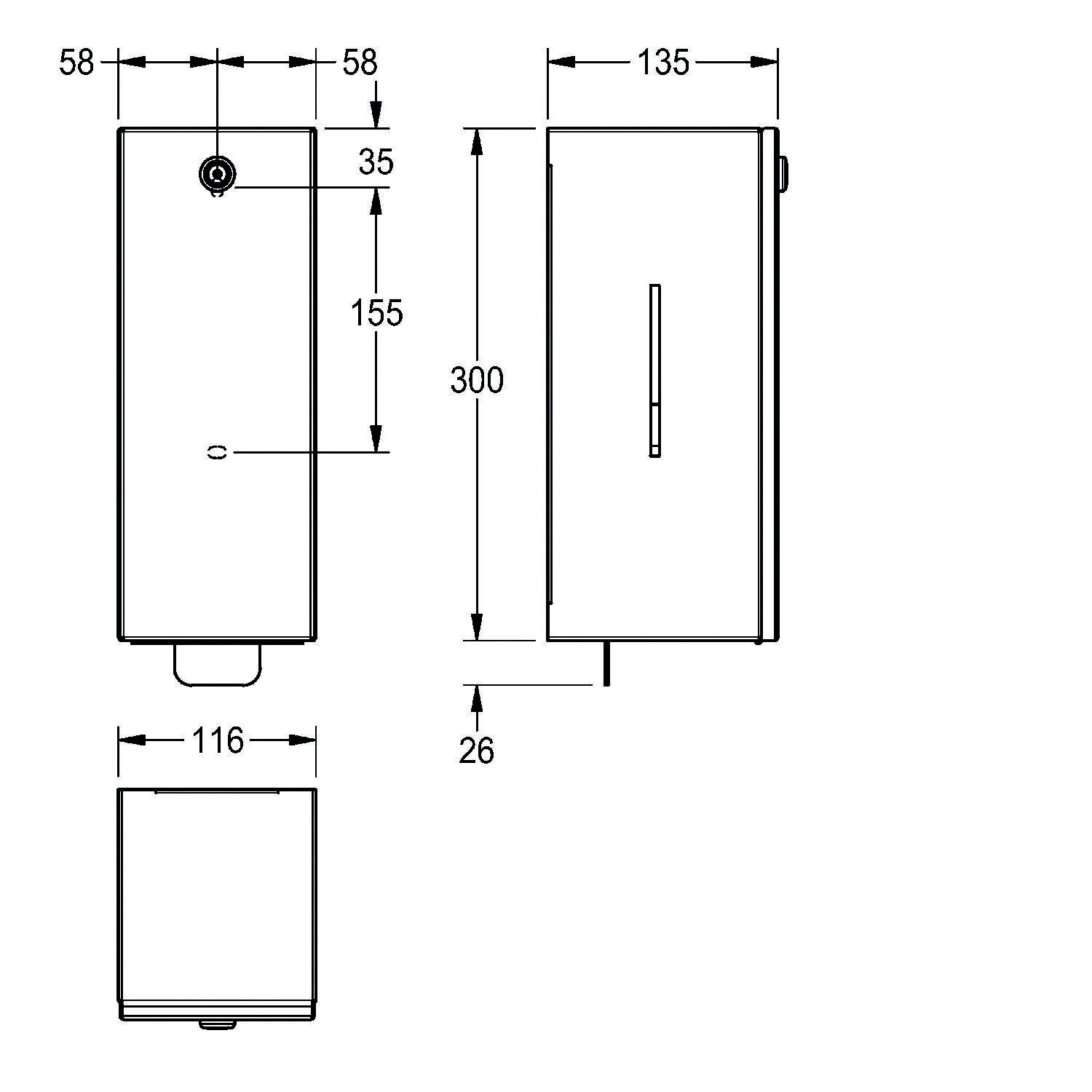 Technische Zeichnung eines rechteckigen Spenders mit Maßangaben: 58 mm Breite, 300 mm Höhe, 135 mm Tiefe, mit detaillierten Seiten- und Draufsichten.