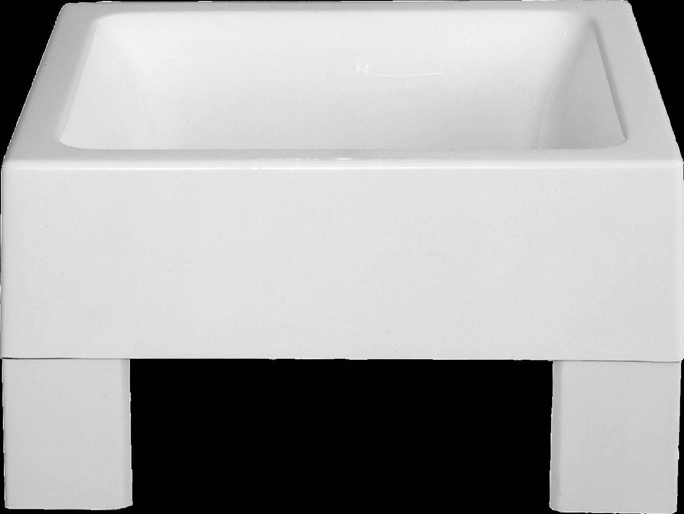 Weiße rechteckige Spülbecken mit vier Beinen und einem tiefen Becken, isoliert auf schwarzem Hintergrund dargestellt.