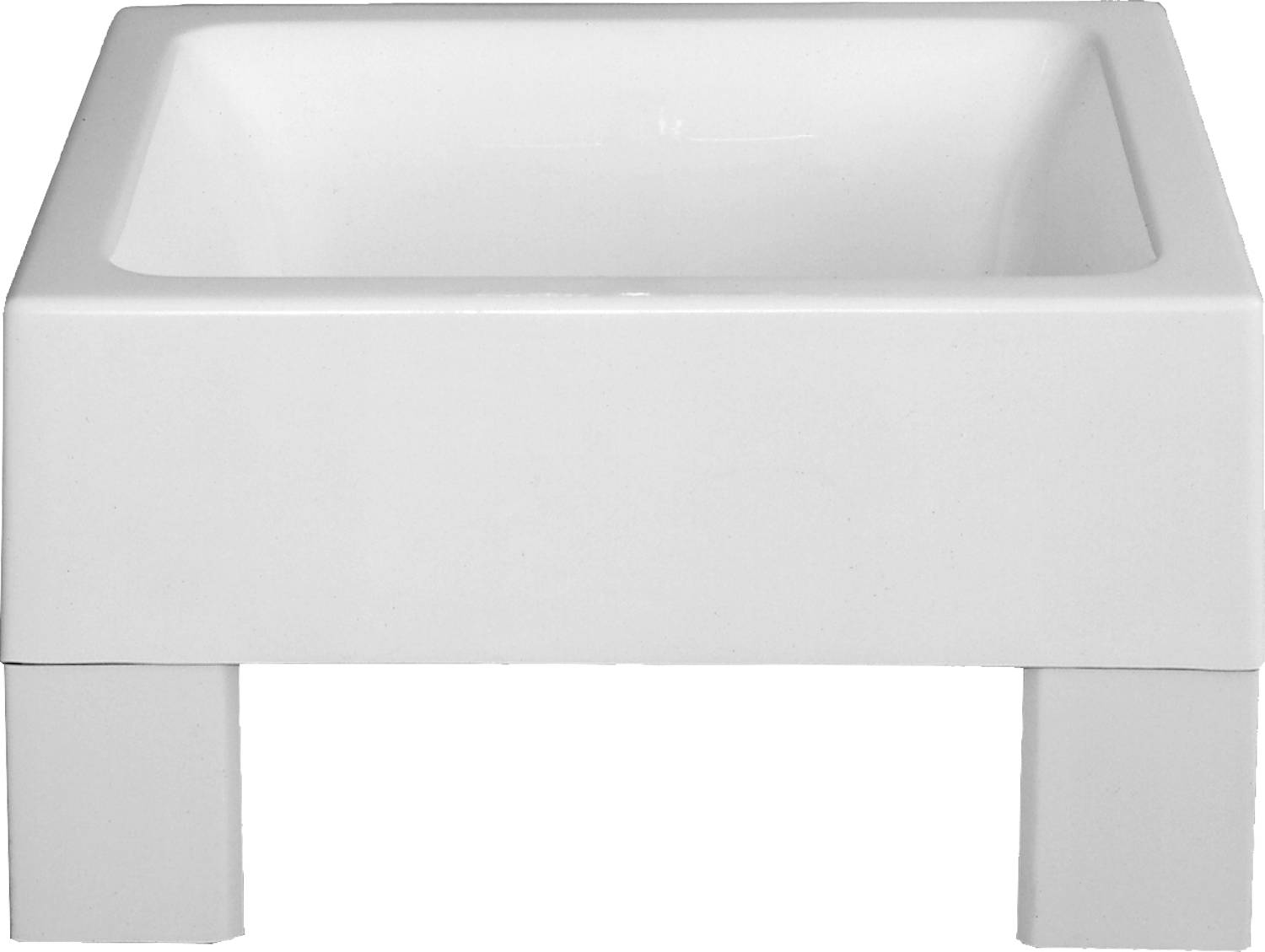 Ein schlichtes weißes Keramikwaschbecken steht vor einem schwarzen Hintergrund und präsentiert sein klares, rechteckiges Design mit einem tiefen Becken.