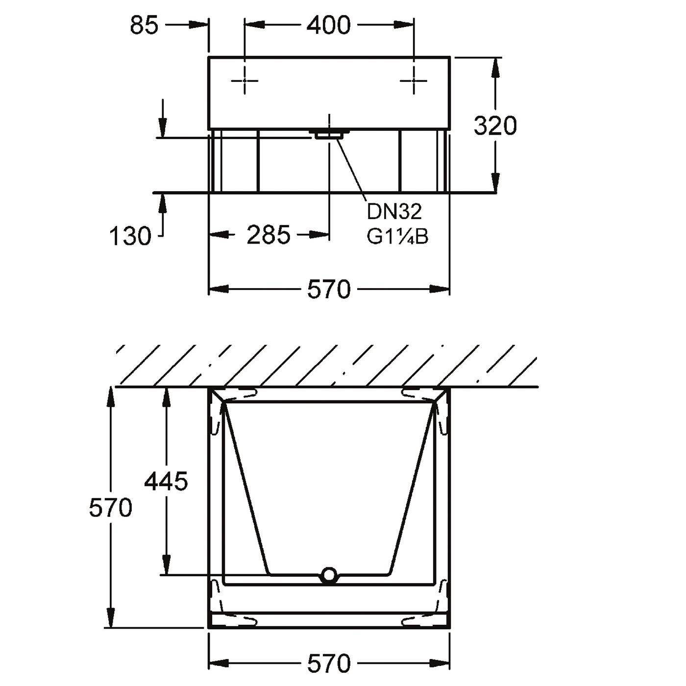 Technische Zeichnung einer quadratischen Einheit mit Abmessungen von 570 mm Breite und 570 mm Höhe, oberer Abschnitt 320 mm, und Anschluss mit der Bezeichnung „DN32 G1¼B