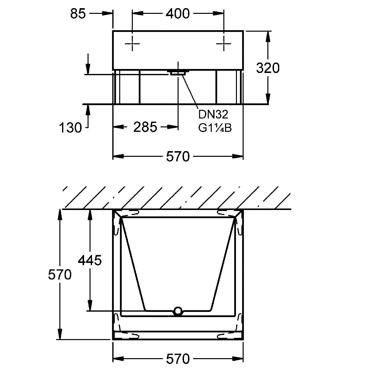Technische Zeichnung einer quaderförmigen Struktur mit Abmessungen: Breite 570 mm, Höhe 570 mm, Tiefe 320 mm, mit beschrifteten Rohrverbindungen.