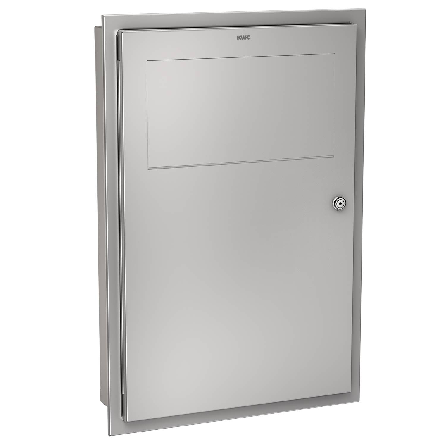 Ein rechteckiges, metallisches Lüftungsanschluss-Panel mit glatter Oberfläche und einem kleinen runden Schloss, das für einen einfachen Zugang zu Systemkomponenten konzipiert ist.