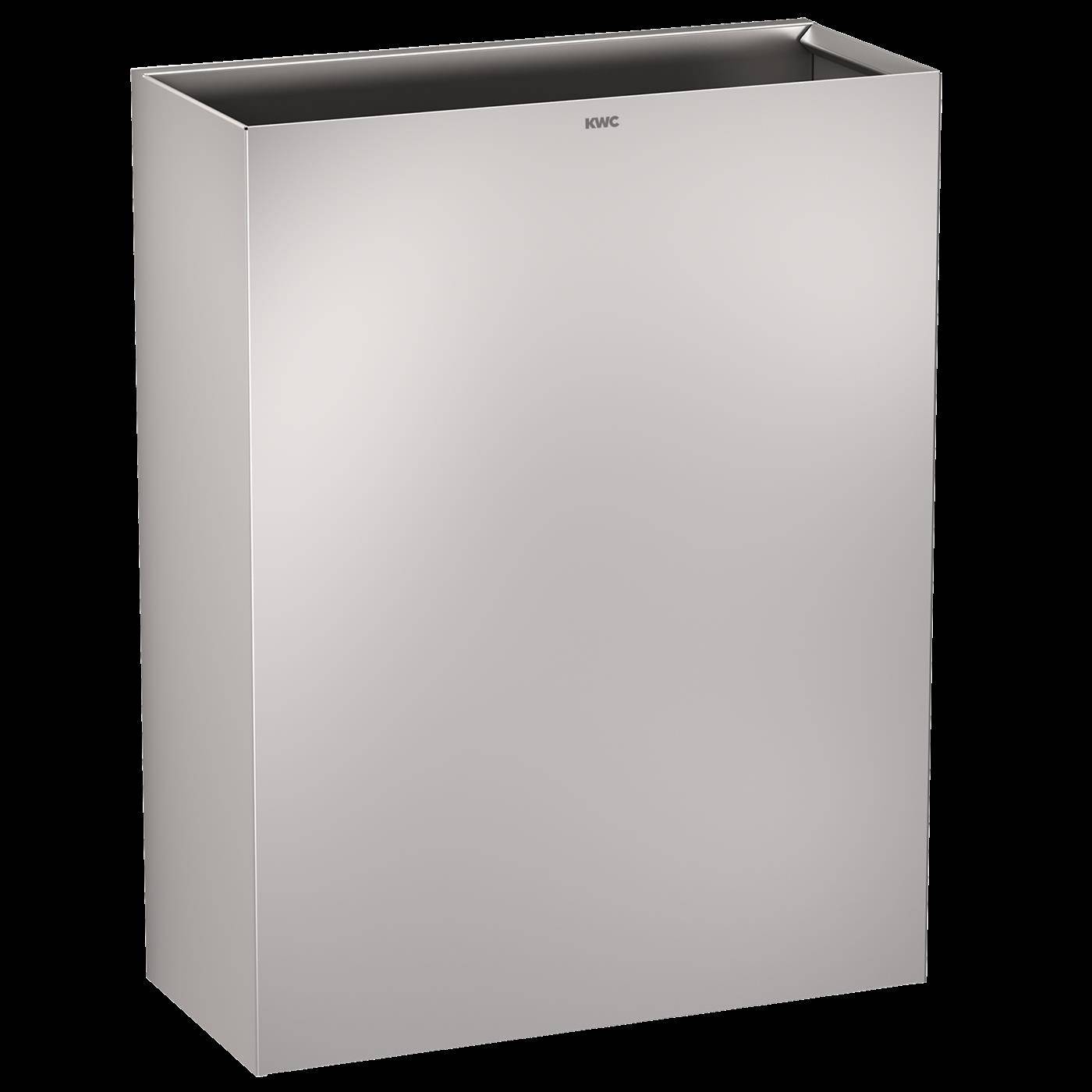 Weißer an der Wand montierter Badezimmerschrank mit offener oberer Ablage und zentriertem KWC-Logo in der Nähe der Oberseite.