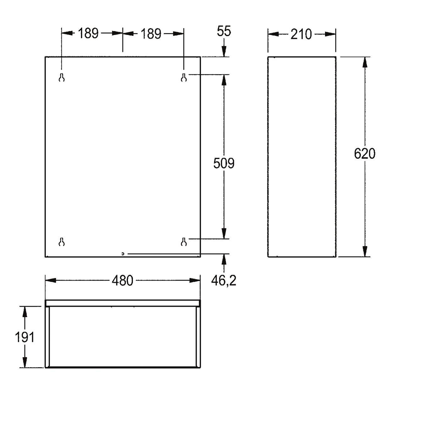 Technische Maßzeichnung eines rechteckigen Schranks oder Panels, das Front-, Seiten- und Draufsichten mit den Maßen 480, 620, 210, 191, 509, 189, 55 und 46,2 zeigt.