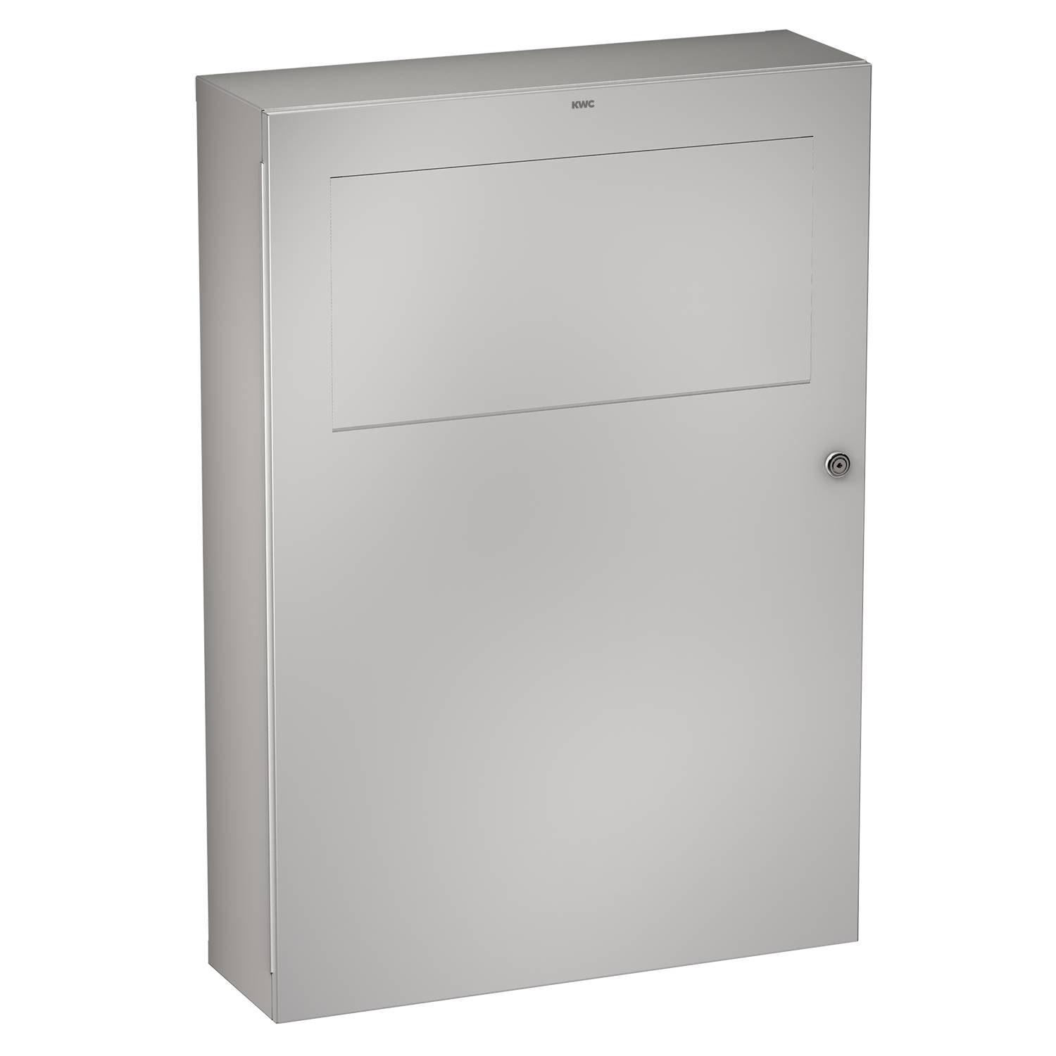 Metallschrank in rechteckiger Form mit glatter Oberfläche, versehen mit einer einzelnen geschlossenen Tür und einem kleinen runden Schloss auf der rechten Seite.