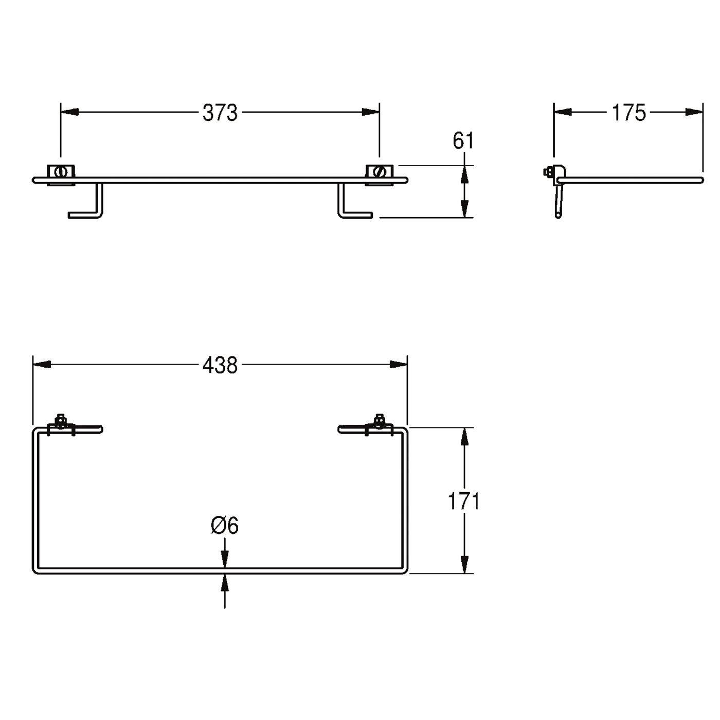 Technische Zeichnung einer Halterung oder eines Regalbügels mit Abmessungen: 373 mm Spannweite, 175 mm Tiefe, 438 mm Breite, 171 mm Höhe, 61 mm Versatz und 6 mm Bohrungsdurchmesser.
