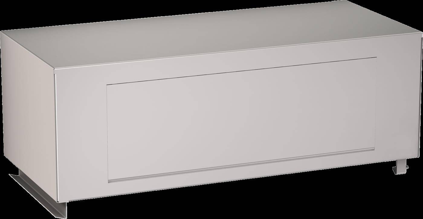 Weißer rechteckiger Schrank oder Kommode mit einer großen Schublade an der Vorderseite und niedriger Metallbasis, gezeigt vor einem neutralen Hintergrund.