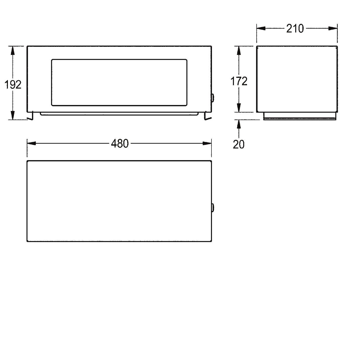 Technische Zeichnung mit Abmessungen eines rechteckigen Geräts: Vorderseite 480 x 192, Seitenseite 210 x 172 mit 20 Sockelhöhe und Draufsicht 480 x 210.