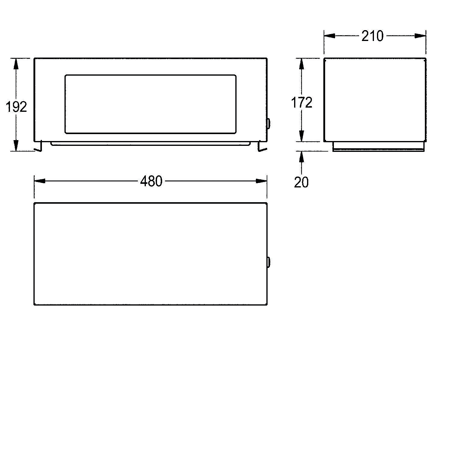 Das Bild zeigt ein technisches Diagramm eines rechteckigen Objekts mit den Abmessungen: 480 mm Länge, 210 mm Breite, 192 mm und 172 mm Höhe.