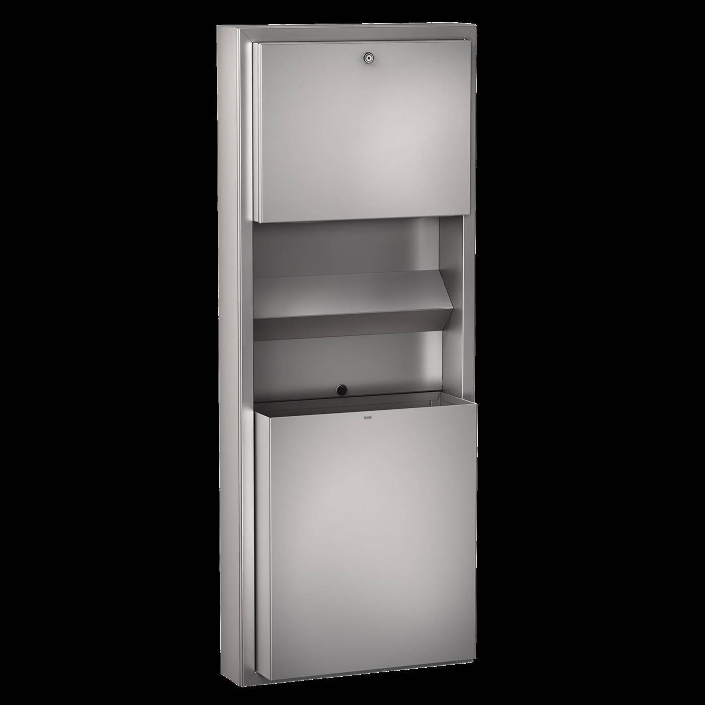 Silberner wandmontierter Metallschrank mit zwei Pendeltüren und offenem mittlerem Regal, Vorderansicht auf schwarzem Hintergrund.