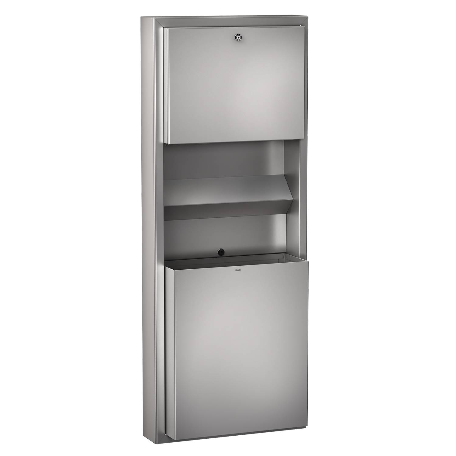 Edelstahl-Papiertuchspender und Abfallbehälter in vertikaler Ausführung mit elegantem, modernem Erscheinungsbild vor schwarzem Hintergrund.