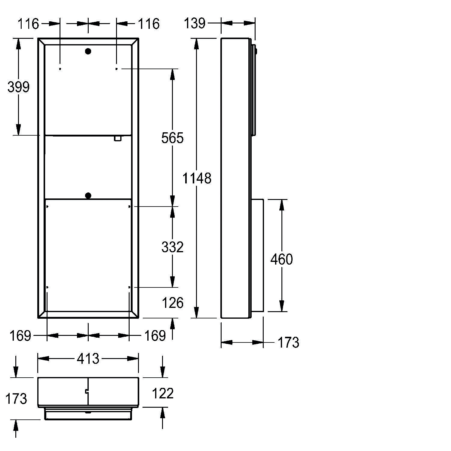 Technische Zeichnung eines Schranks mit Maßen: Höhe 1148 mm, Breite 413 mm, Tiefe 173 mm. Fächer sind 399 mm und 565 mm hoch.