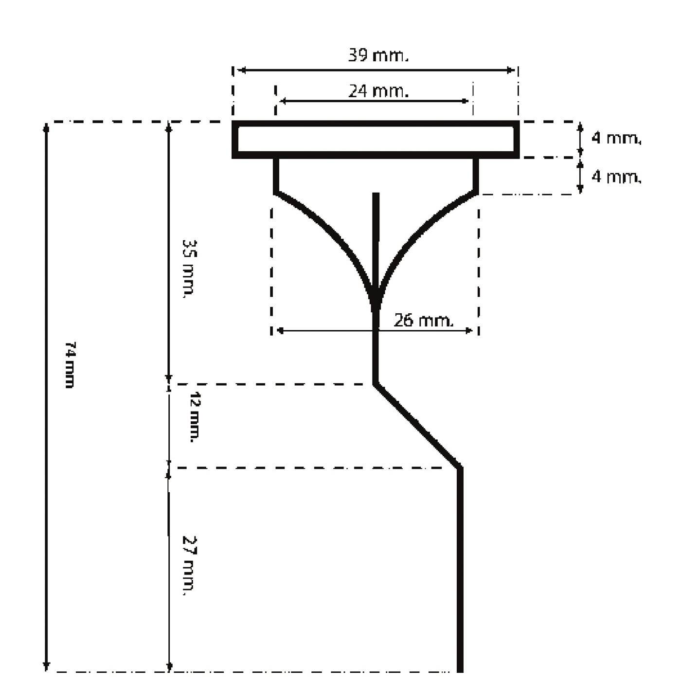 Technisches Abmessungsdiagramm einer Profilform mit Messungen in mm: 39 mm Oberbreite, 24 mm Innenbreite, 26 mm Unterbreite und Gesamthöhe 74 mm.