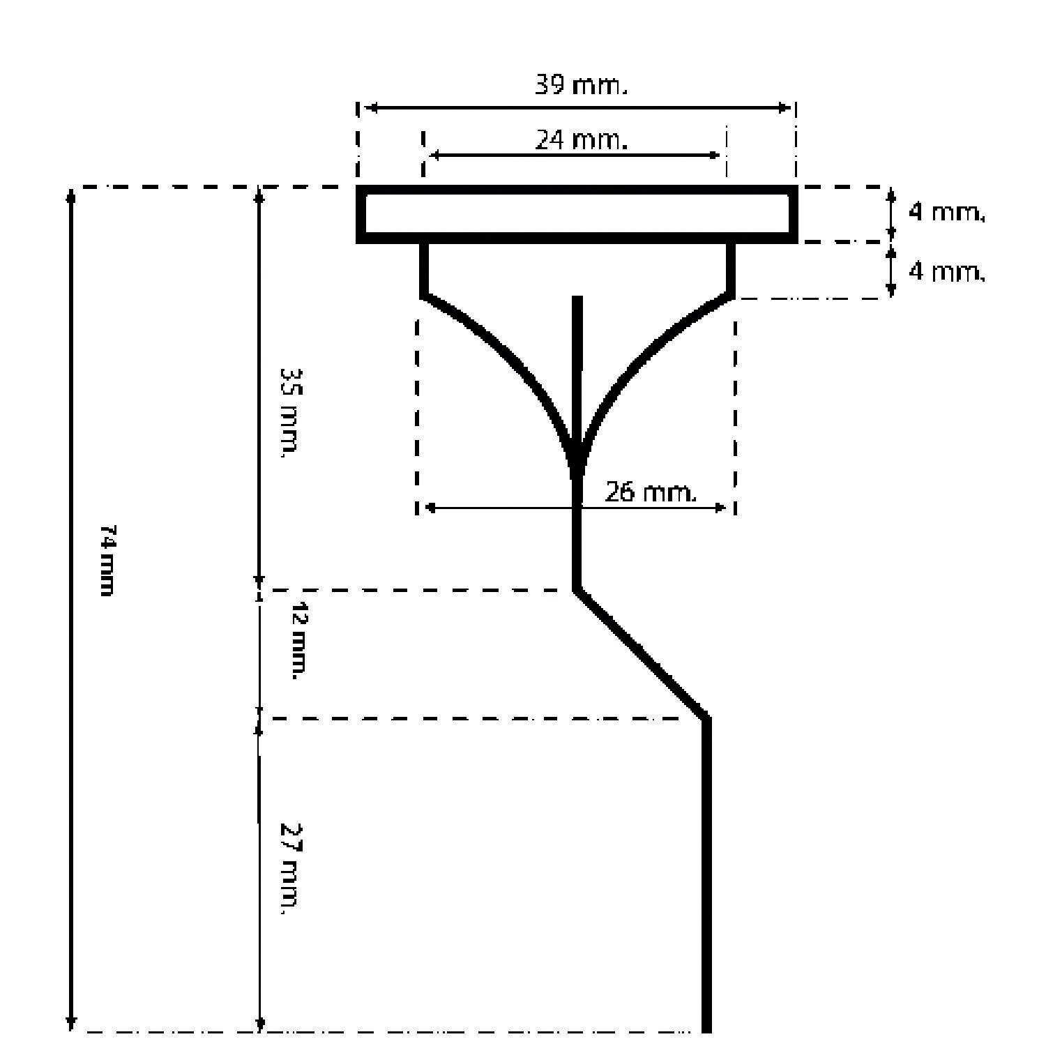 Technische Zeichnung einer Halterung mit Maßen: Oberbreite 39 mm, Obere Dicke 24 mm, Höhe 74 mm, gekrümmter Abschnitt 26 mm. Verschiedene Segmentabmessungen detailliert.
