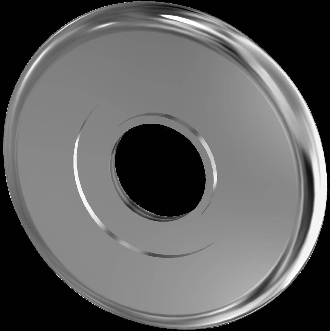 Eine glänzende silberfarbene Metallscheibe oder ein Metallring mit einem großen Mittenloch, isoliert auf schwarzem Hintergrund dargestellt.
