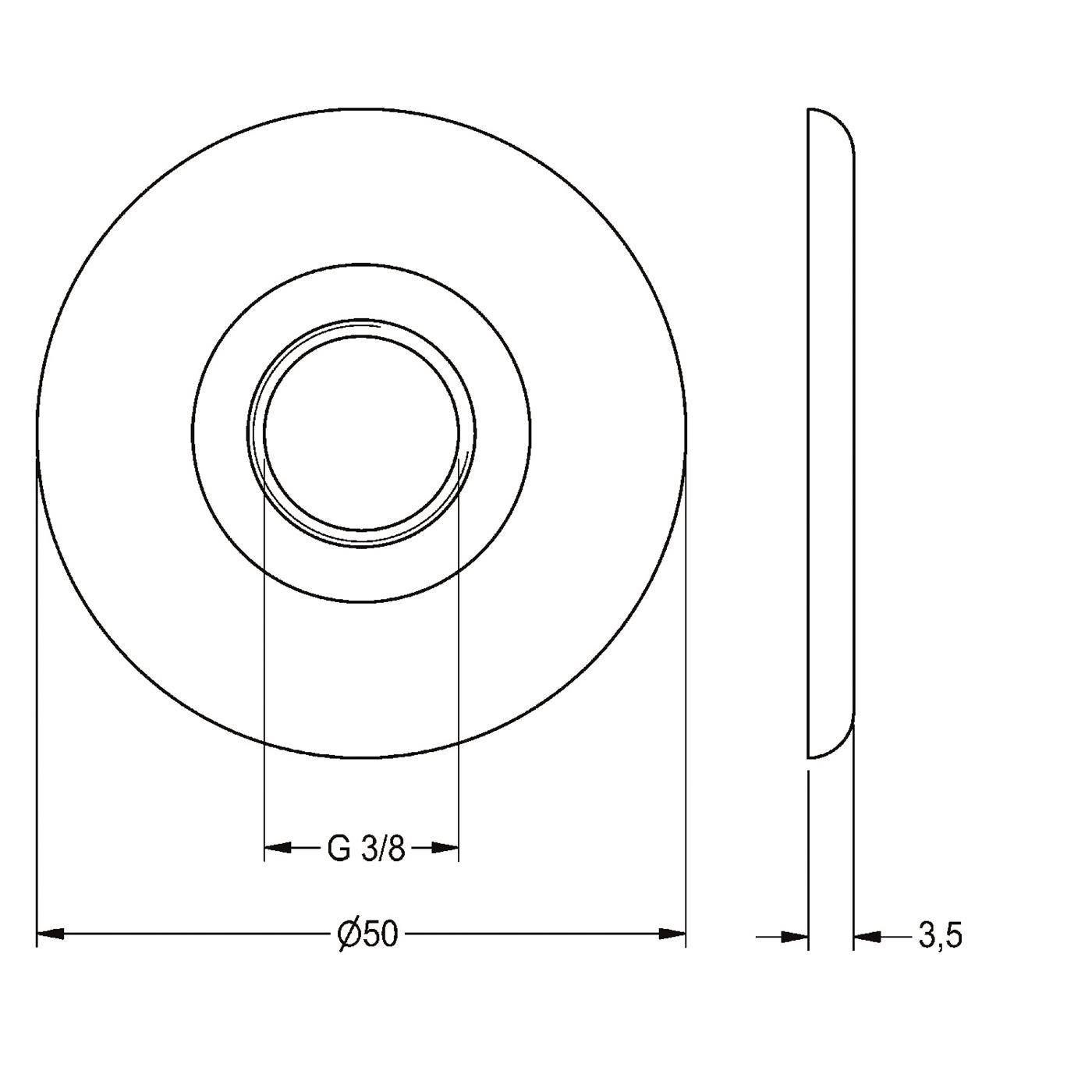 Technische Zeichnung eines kreisförmigen Teils, dargestellt in Vorder- und Seitenansicht mit den Abmessungen Ø50, G 3/8 und 3,5 mm.