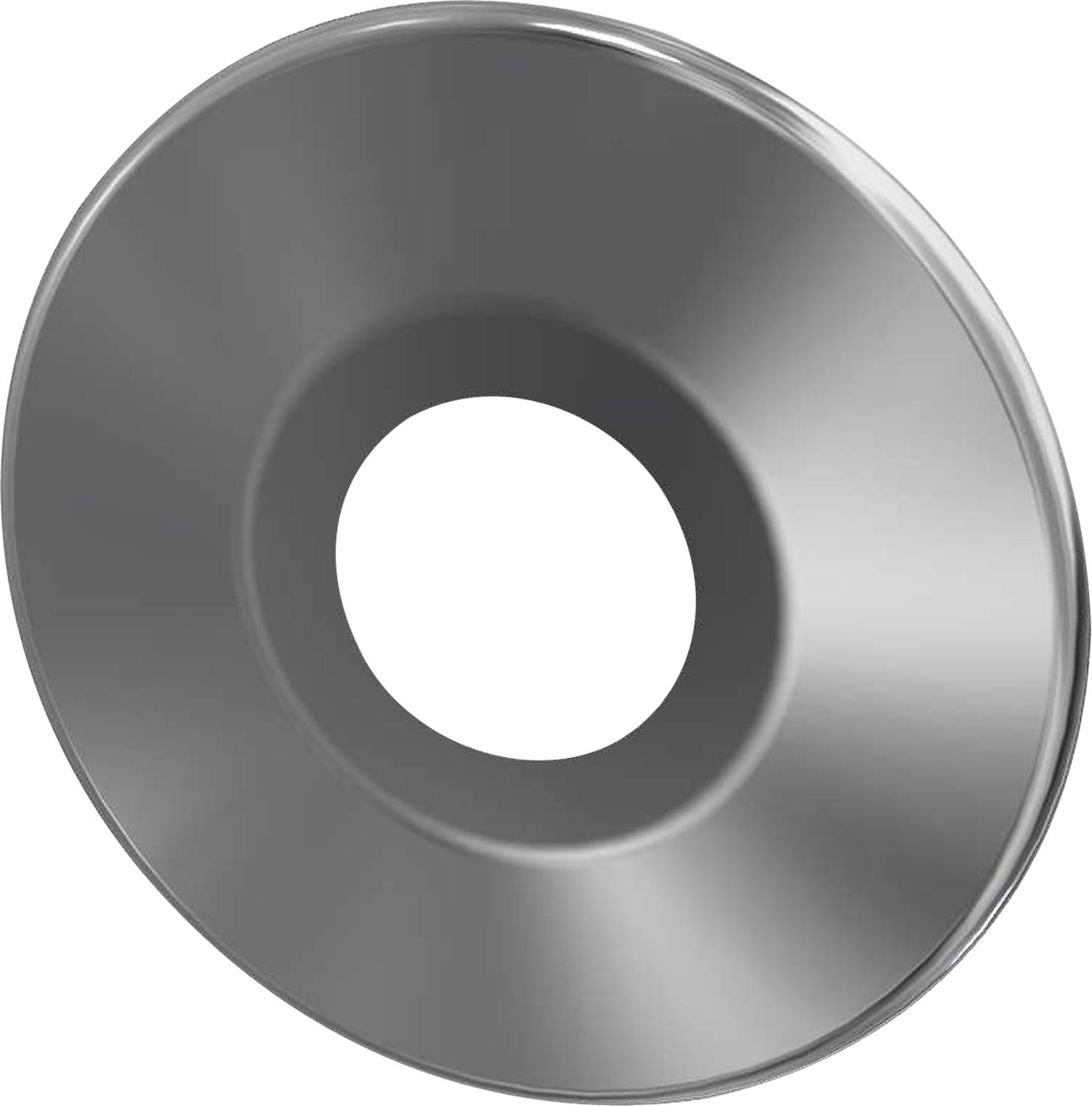 Ein glänzendes, rundes Metallobjekt mit einem zentralen Loch, ähnlich einer Unterlegscheibe oder Scheibe.