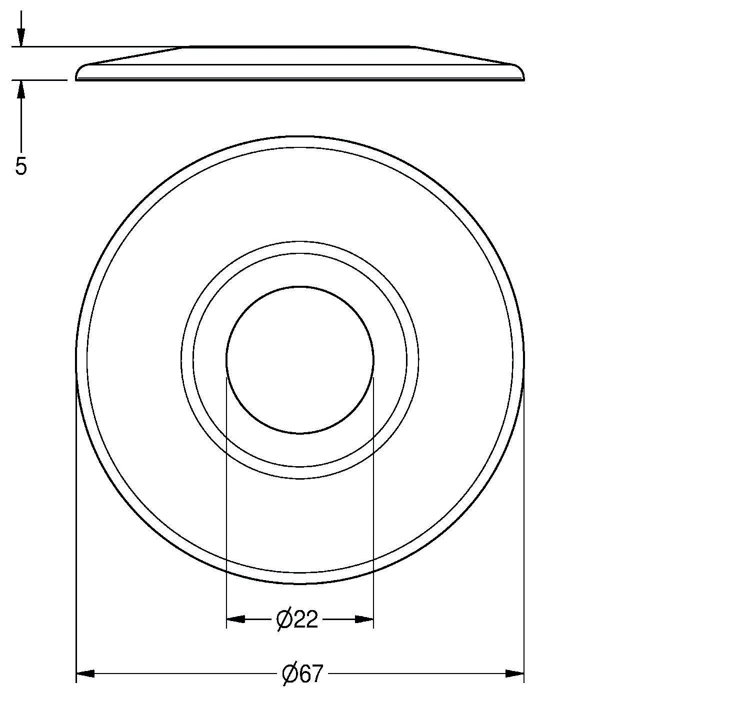 Technische Zeichnung mit Ansicht von oben und Seitenansicht eines runden Objekts mit zwei konzentrischen Kreisen. Durchmessermessungen: 22 mm und 67 mm.