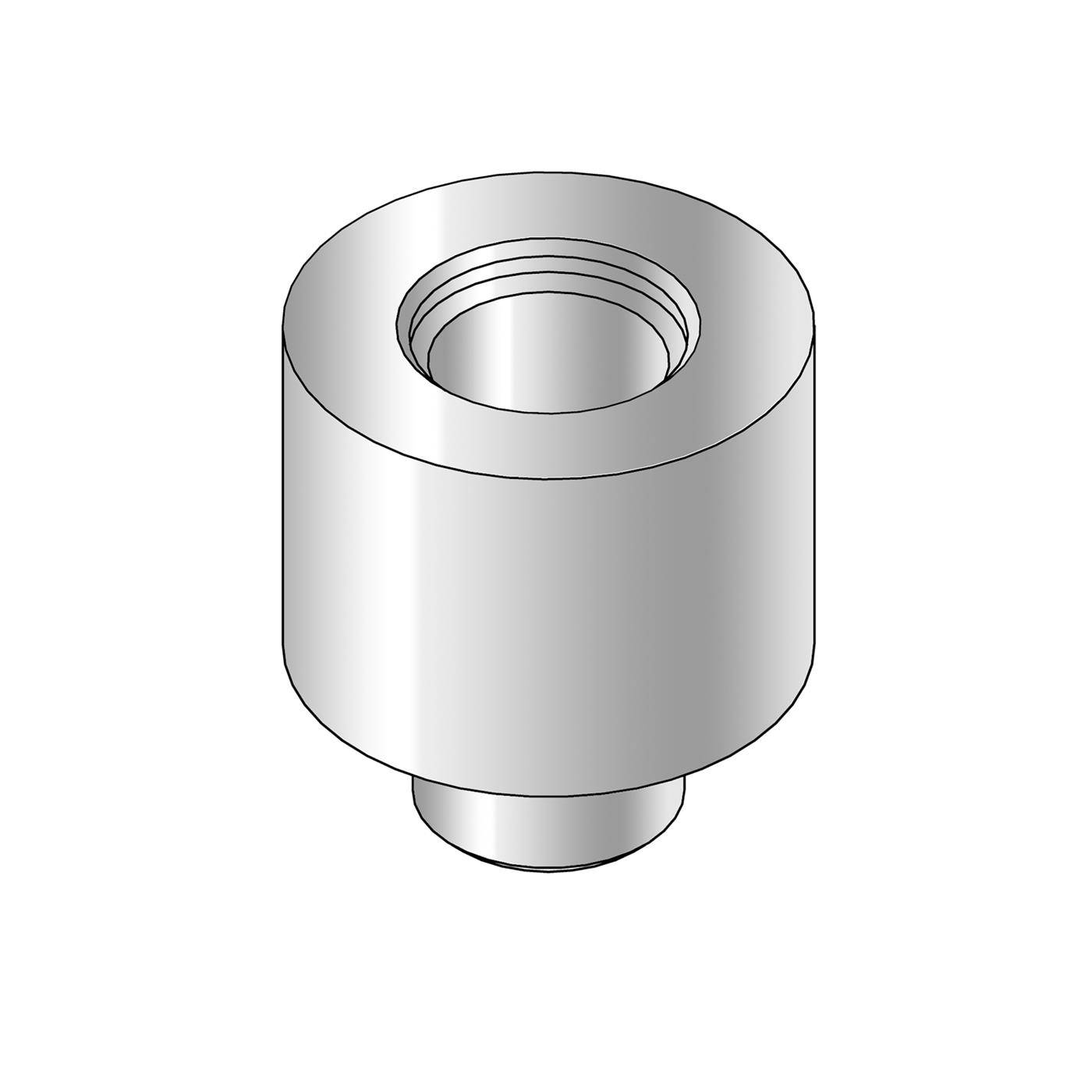 3D-Illustration eines zylindrischen Metallteils mit einem gewindebohrten zentralen Loch und einer kleineren vorspringenden Basis darunter.
