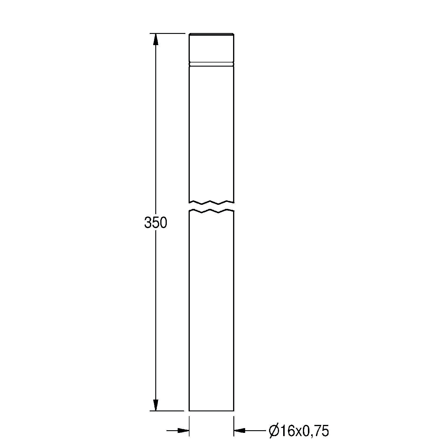 Technische Zeichnung eines zylindrischen Objekts mit einer Höhe von 350 Einheiten und einem Durchmesser von 16x0,75 Einheiten, mit dargestelltem Gewindeabschnitt.