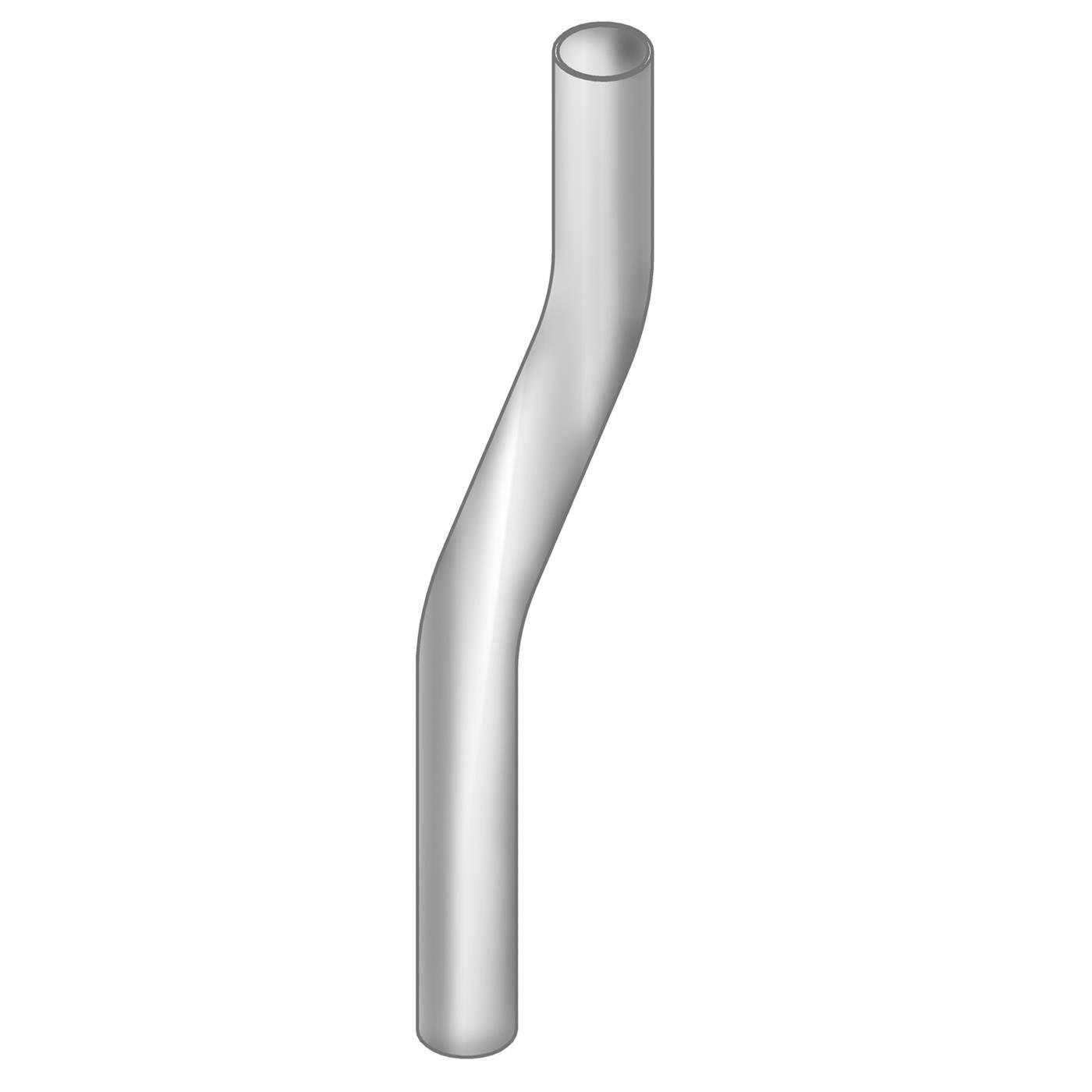 Ein silbernes Metallrohr in S-Form, aufrecht auf einem schlichten weißen Hintergrund dargestellt.