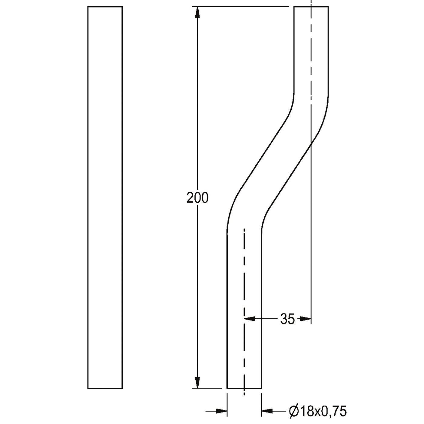 Technische Linienzeichnung eines gebogenen Rohrs/einer Rohrleitung mit Seiten- und Frontansicht und den Abmessungen 200, 35 und Ø18x0,75.