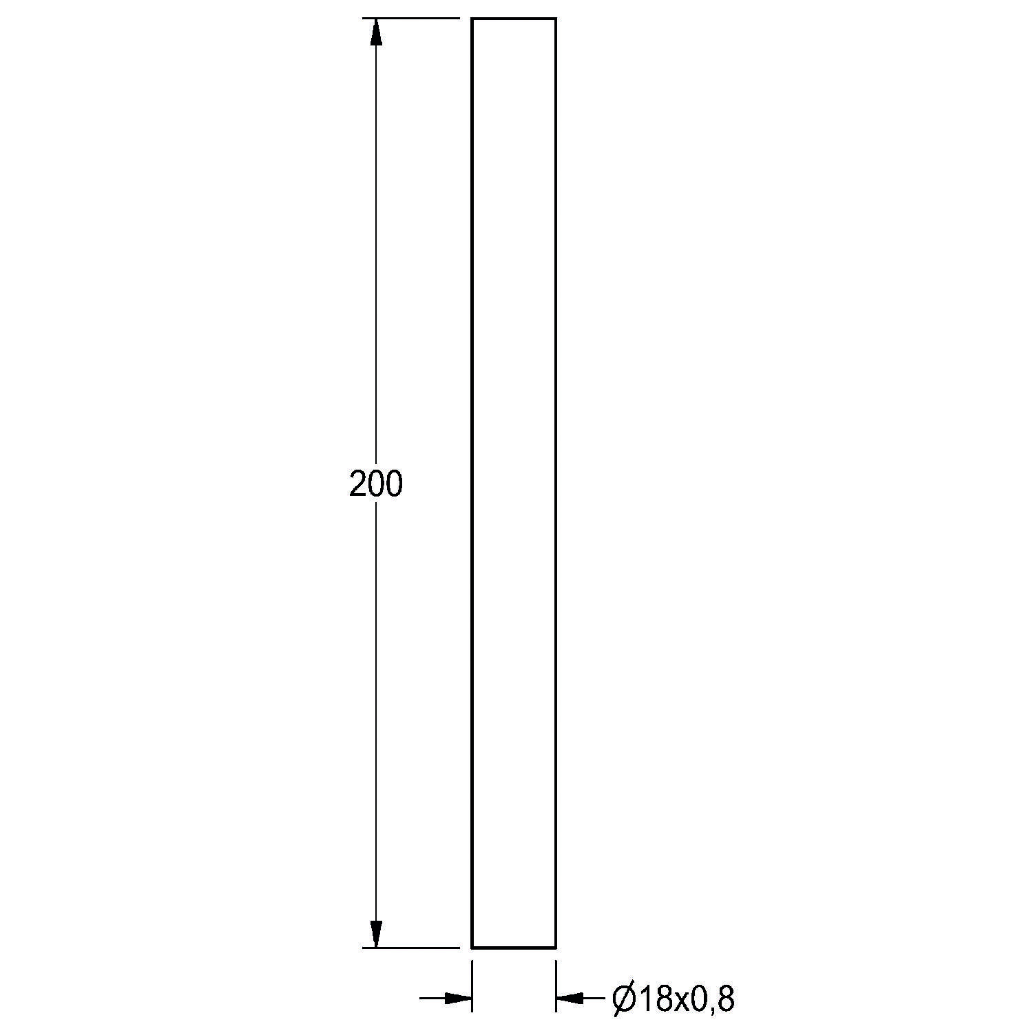 Ein vertikaler Zylinder mit einer Höhe von 200 Einheiten und einem Durchmesser von 18 Einheiten wird dargestellt, der ein dimensionales Diagramm repräsentiert.