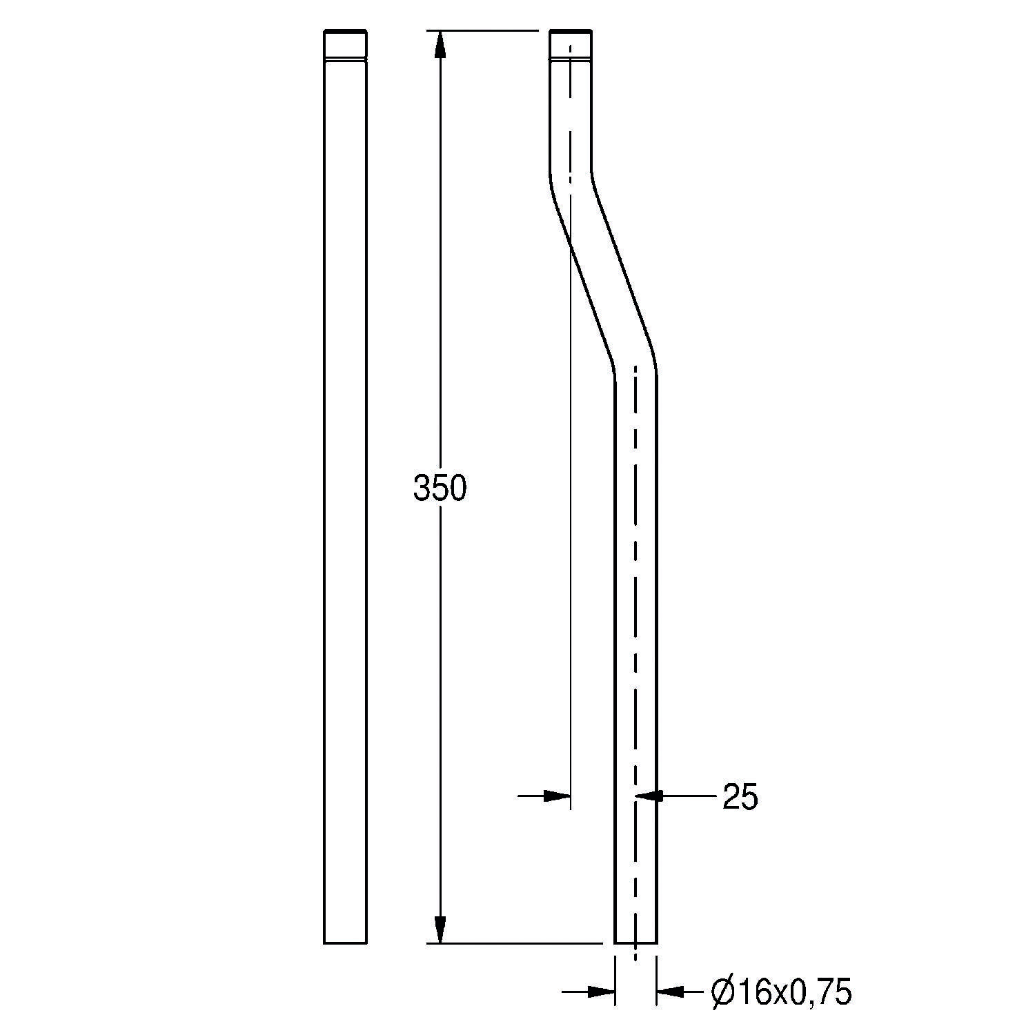 Eine technische Zeichnung veranschaulicht einen rohrähnlichen Teil mit einer Biegung. Die rechte Grafik zeigt die Abmessungen: 350 mm Länge, 25 mm horizontale Biegung, Ø16x0,75 mm Durchmesser.