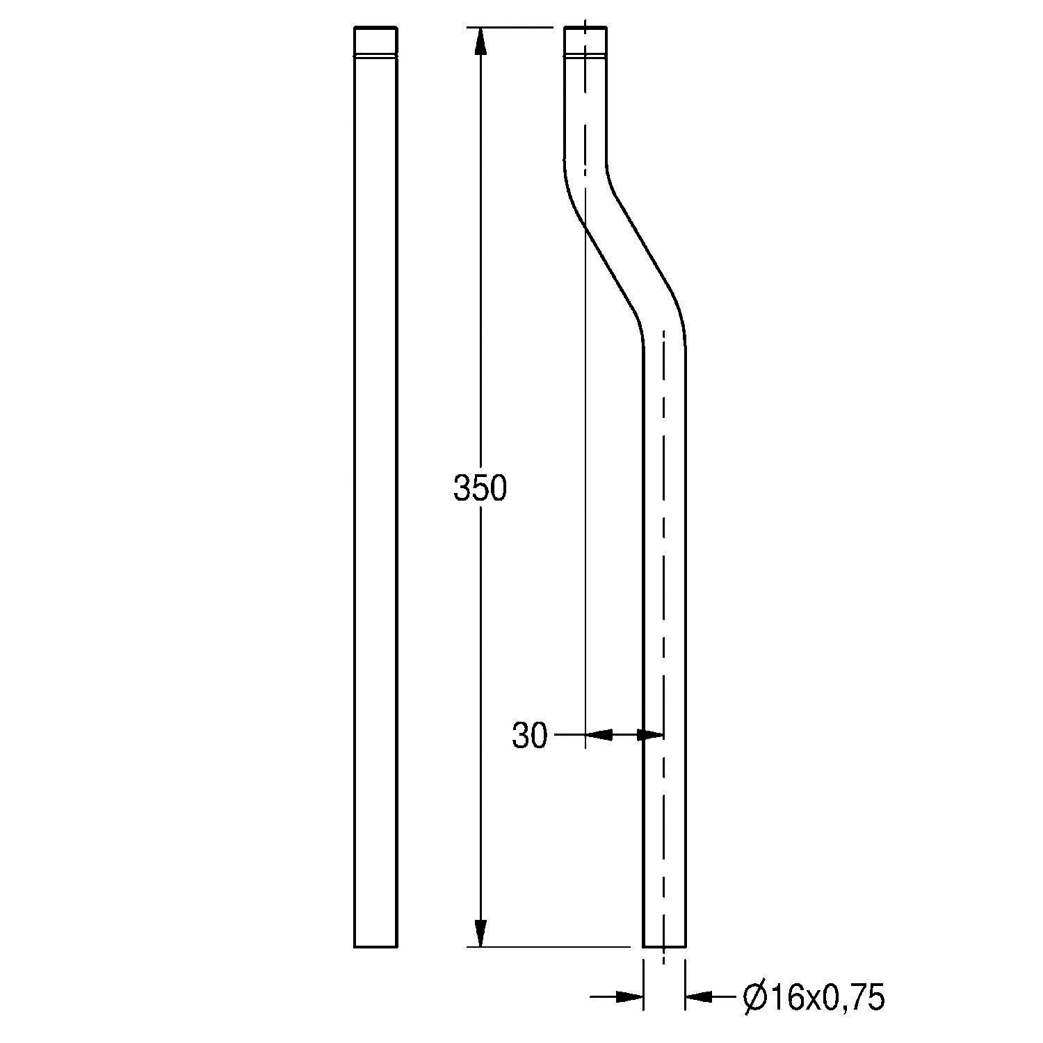 Technische Zeichnung einer Metallröhre in Seiten- und Frontansicht mit Abmessungen: Höhe 350 mm, Biegeabstand 30 mm, Durchmesser 16 x 0,75 mm.