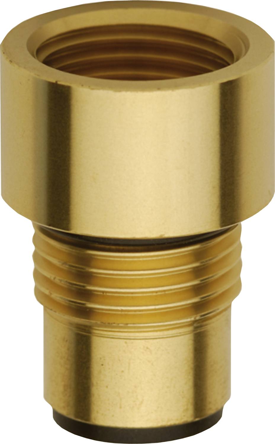 Eine Nahaufnahme eines metallischen Gewindeteils mit einer glatten goldenen Oberfläche, höchstwahrscheinlich Teil einer größeren mechanischen Baugruppe oder Befestigung.