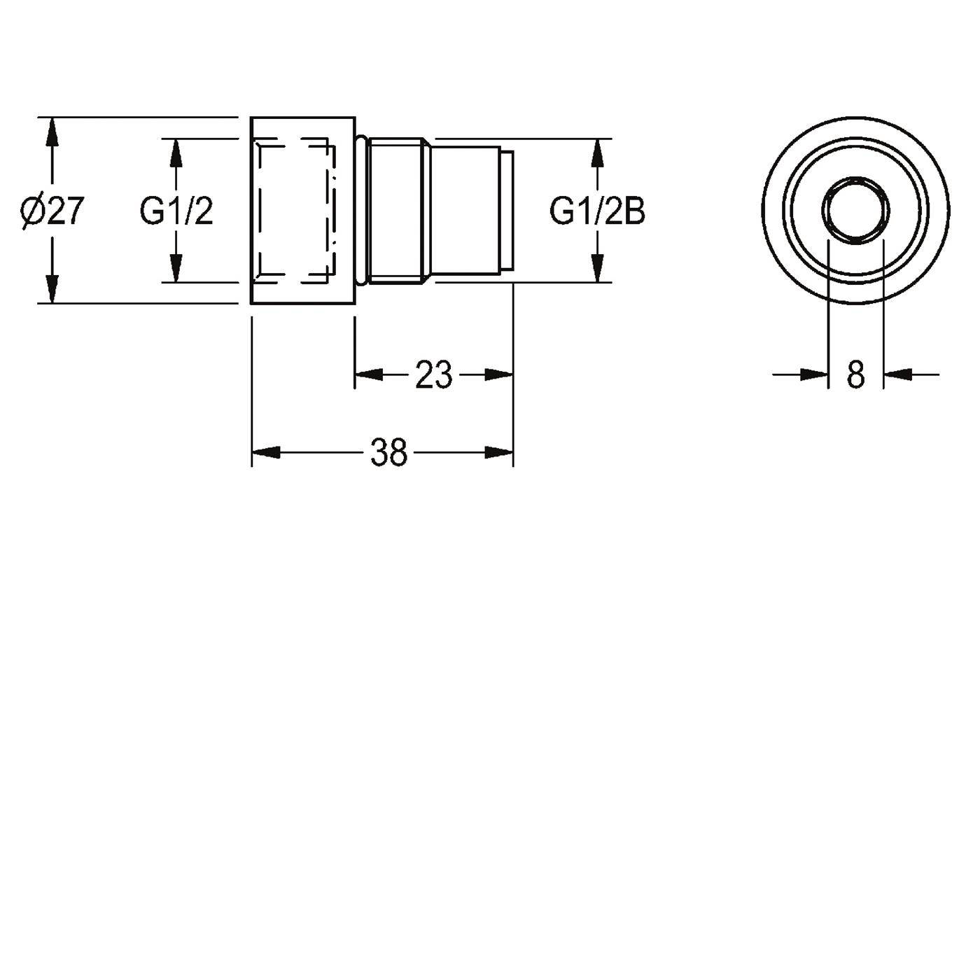 Technische Zeichnung einer zylindrischen Armatur mit Abmessungen: 27 mm Durchmesser, G1/2 und G1/2B Gewindeenden, 38 mm Gesamtlänge, 23 mm Abschnitt und 8 mm Durchmesser der Vorderansicht.