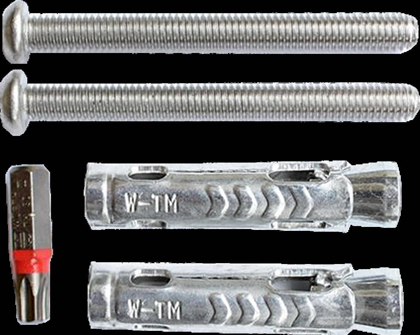 Sortierte Metallankern und Befestigungselemente, bestehend aus zwei langen Gewindeschrauben, einem Bohrer und zwei Manschettenankern auf schwarzem Hintergrund.