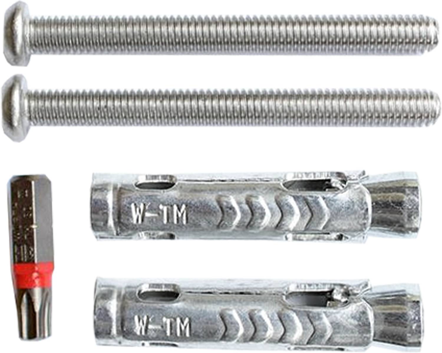 Metallverankerungen und Schrauben liegen vor einem schwarzen Hintergrund. Die Metallverankerungen sind mit 'W-TM' graviert, und die Schrauben weisen ein Spiraldesign auf.