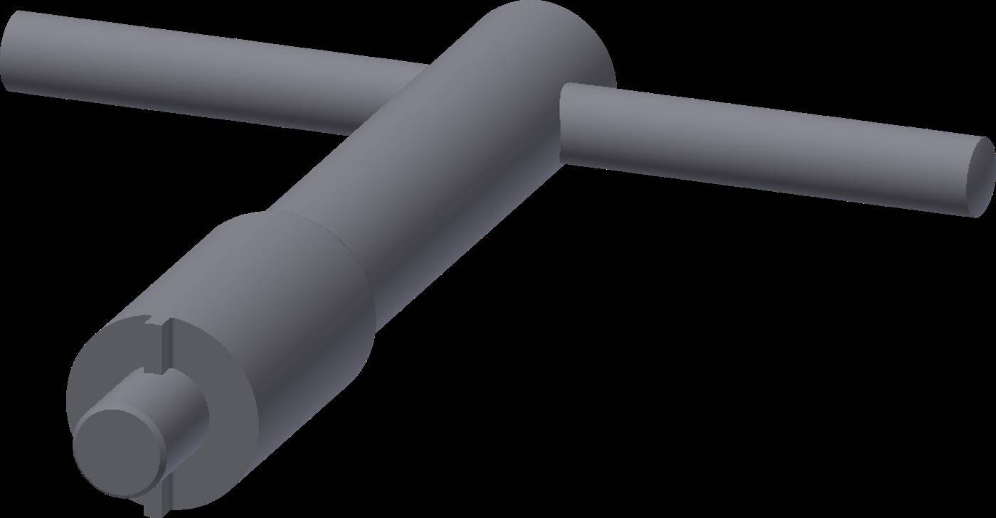 3D-Darstellung eines grauen zylindrischen Rohrverbinders oder Ventilformstücks mit zwei horizontalen Rohren, die durch einen zentralen geneigten Körper auf schwarzem Hintergrund verlaufen