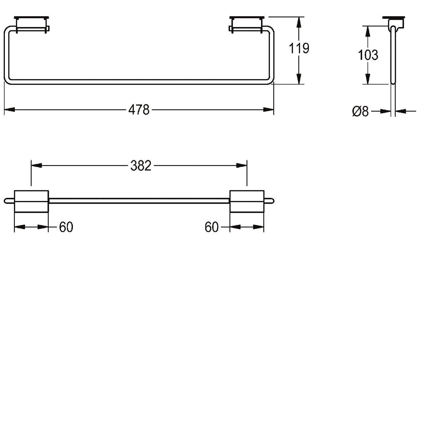 Technische Strichzeichnung eines U-förmigen Griffstangensystems mit Befestigungspfosten, mit den Abmessungen 478 mm Breite, 119 mm Höhe, 103 mm Tiefe, 382 mm Mittenpunktabstand und 8 mm Durchmesser.