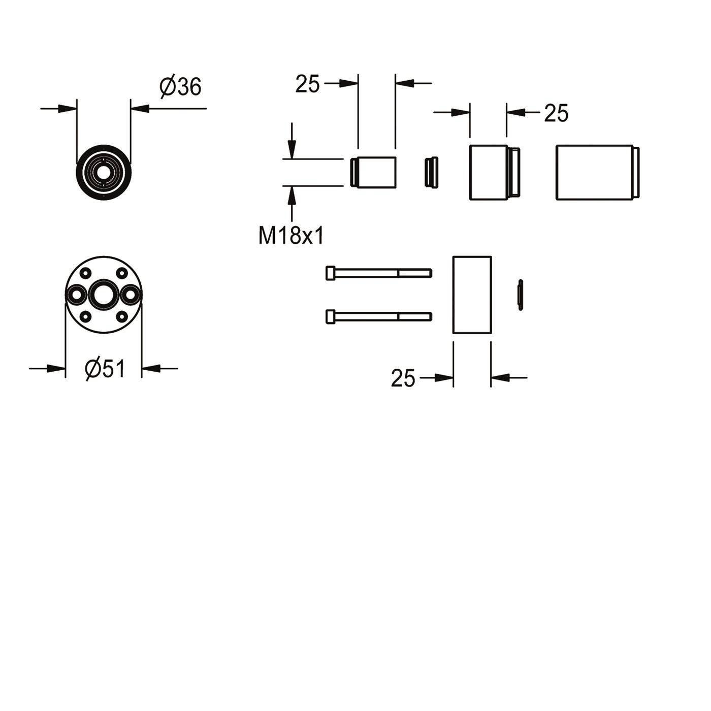 Technisches Bemaßungszeichnung einer runden M18x1 Komponente mit Vorder- und Seitenansicht mit Abmessungen Ø36, Ø51 und 25 mm, sowie Anordnung von Bolzen und Abstandshalter.