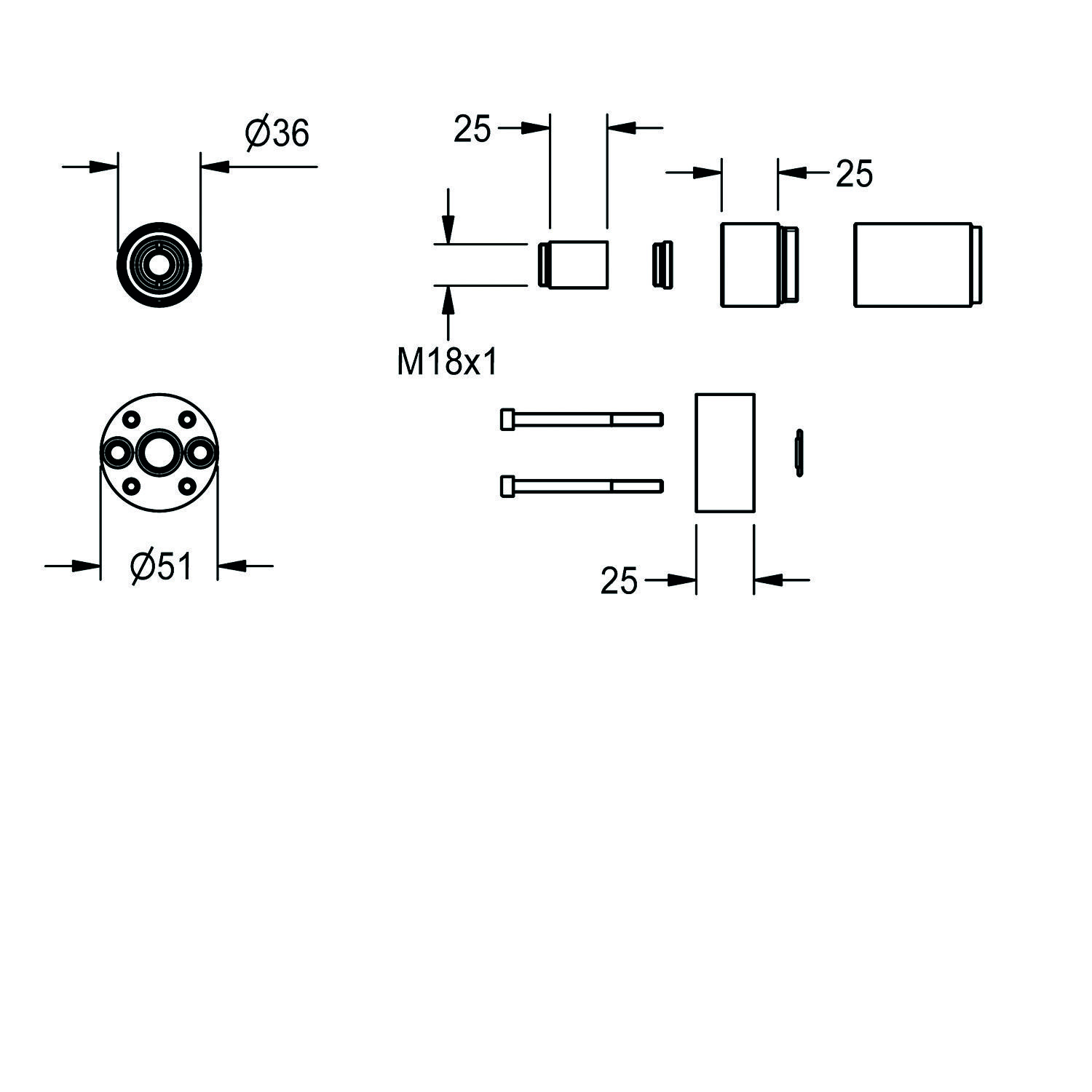 Technische Zeichnung mit Abmessungen von mechanischen Bauteilen, einschließlich Zylinder und Schrauben, mit Maßangaben wie Ø36, Ø51, 25 und M18x1.
