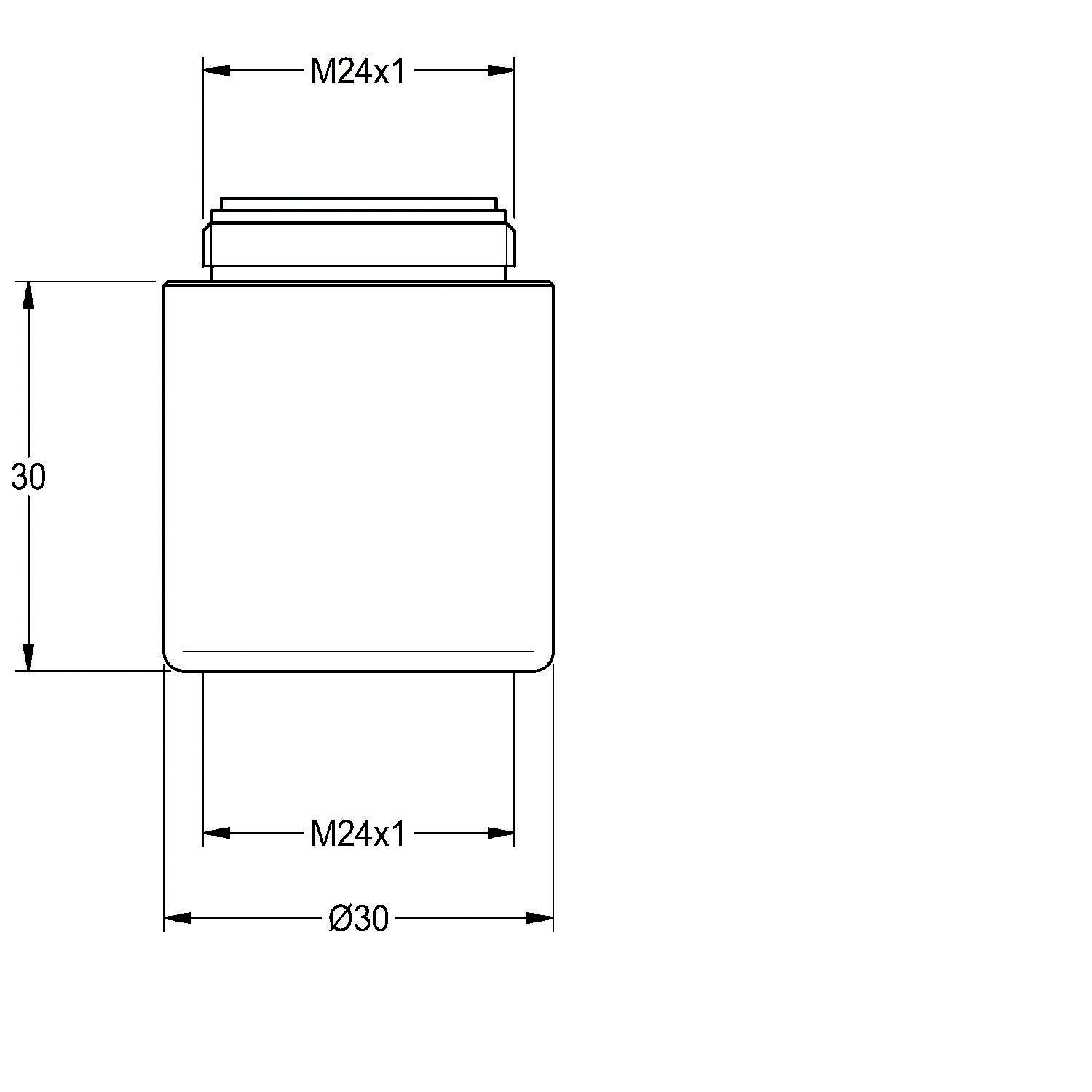 „Technische Zeichnung eines Zylinders mit Abmessungen: Höhe 30 Einheiten, Oberseite M24x1 Gewinde, Unterseite M24x1, und Gesamtdurchmesser Ø30.