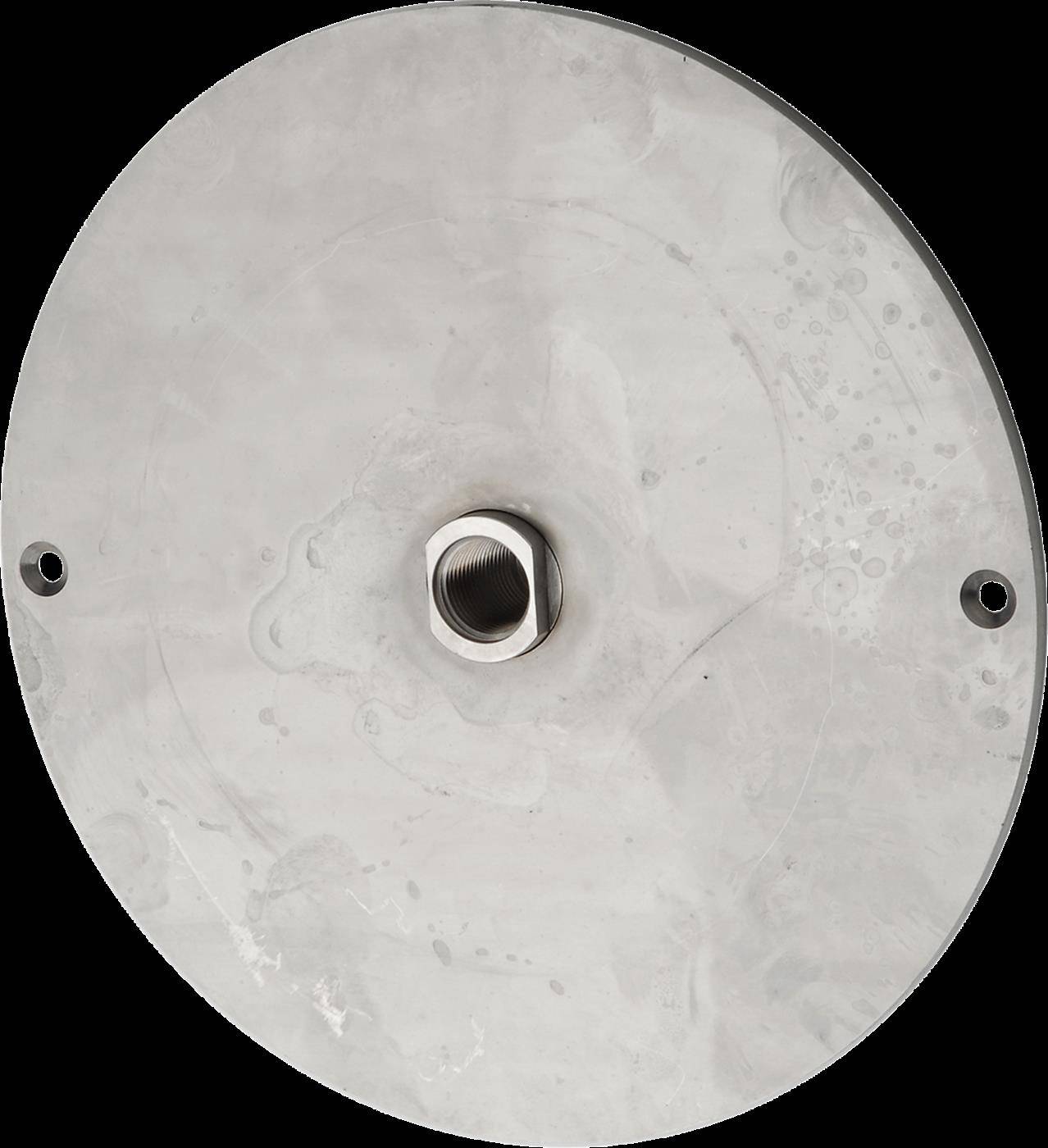 Rundes Metallblech mit einem zentralen Gewindeloch und zwei seitlichen Befestigungslöchern, dargestellt auf einem einfachen schwarzen Hintergrund.