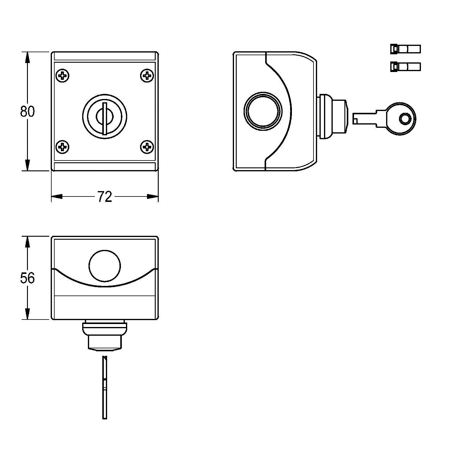 Technische Zeichnung einer quadratischen mechanischen Komponente mit einer zylindrischen Erweiterung und Schlüssel, mit Abmessungen: 80x72mm und 56mm Höhe.