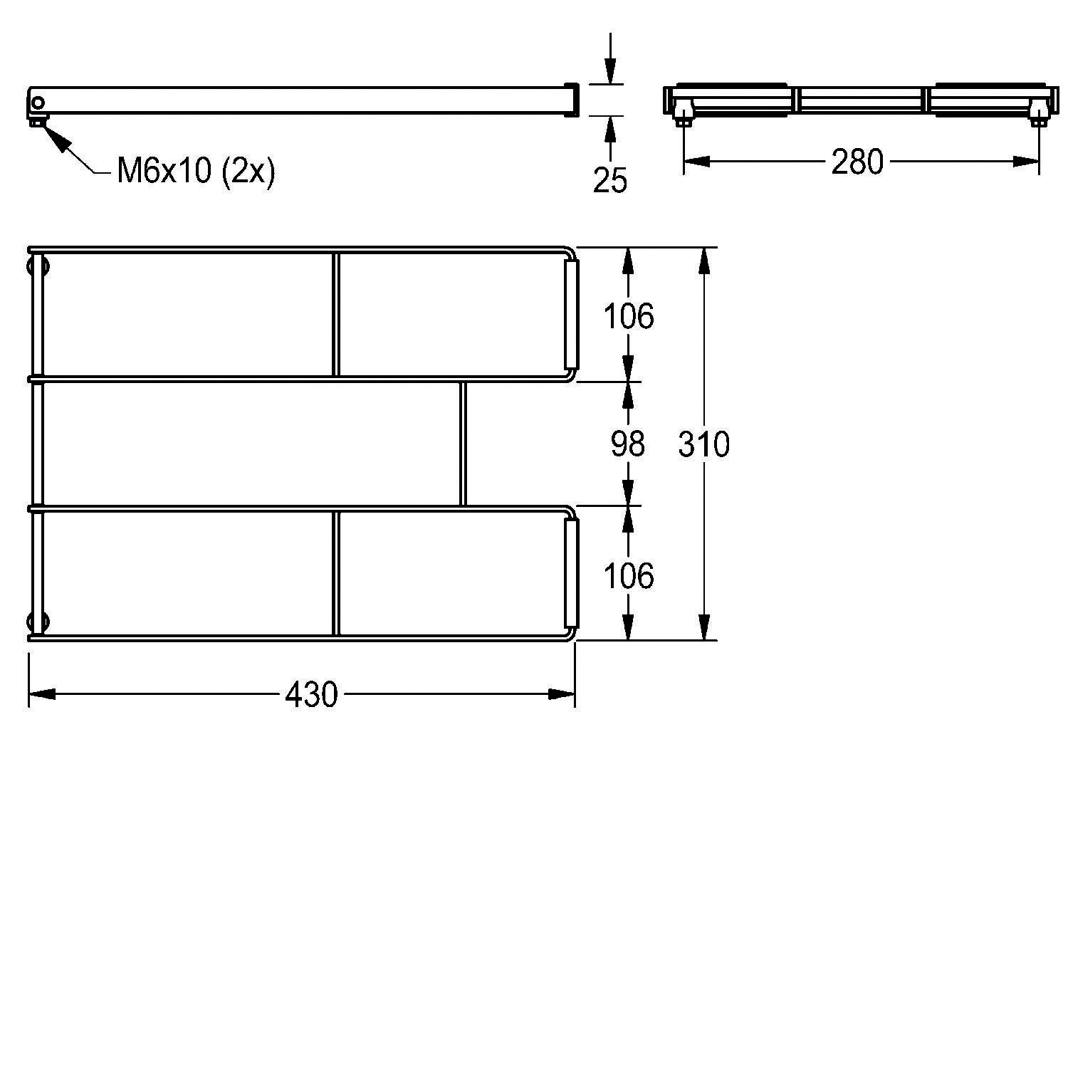 Diagramm einer Metallhalterung mit Abmessungen: Breite 430 mm, Tiefe 280 mm, Höhe 310 mm. Enthält zwei Einlegeböden, jeweils 106 mm hoch.