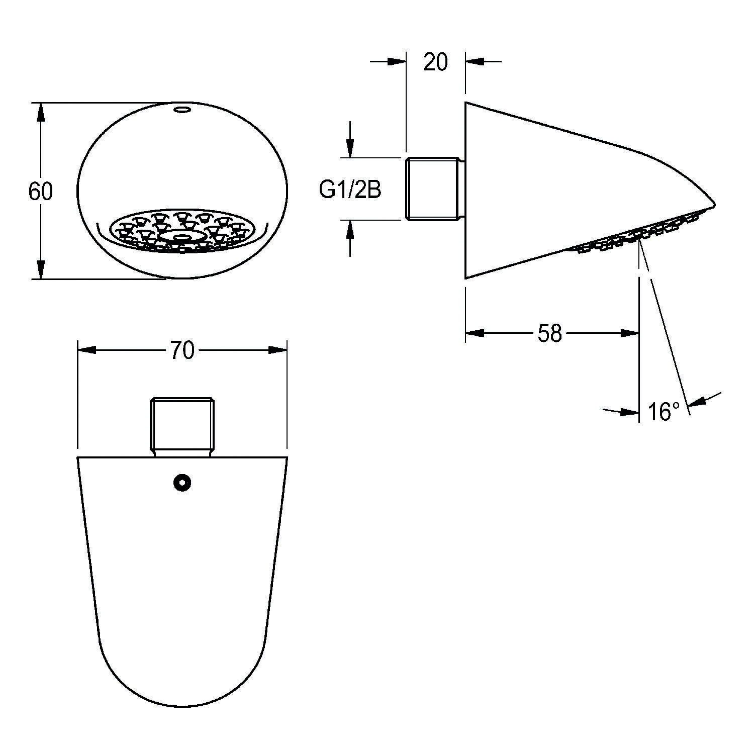 Diagramm eines Duschkopfes mit Abmessungen: 60 mm Durchmesser, 70 mm Länge, 20 mm Düse, 58 mm Armlänge, 16-Grad-Winkel, G1/2B-Anschluss.