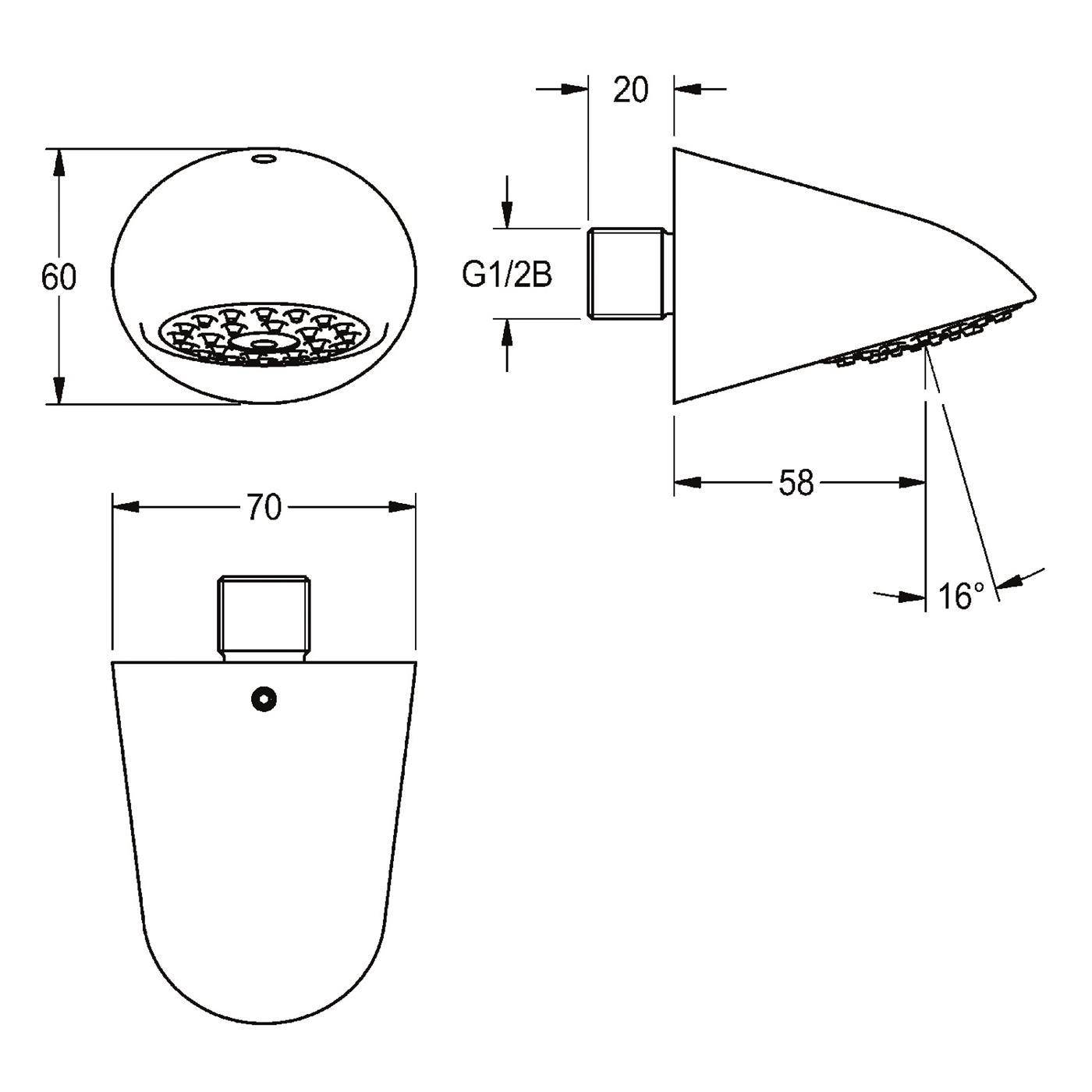Technische Zeichnung eines wandmontierten Duschkopfes mit Vorder-, Seiten- und Draufsicht mit Abmessungen 60, 70, 58, 20, G1/2B und Winkel 16°.