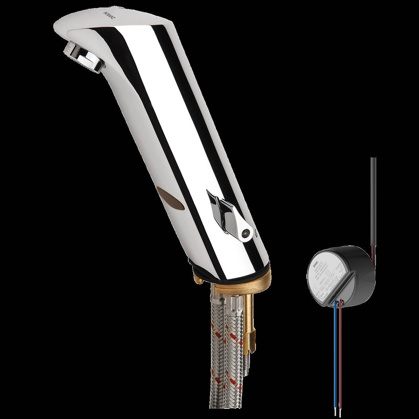 Chrome-Küchenarmatur mit ausziehbarem Auslauf und Seitenhebel mit angebrachter Unterspülen-Schlauchanlage daneben auf schwarzem Hintergrund abgebildet.