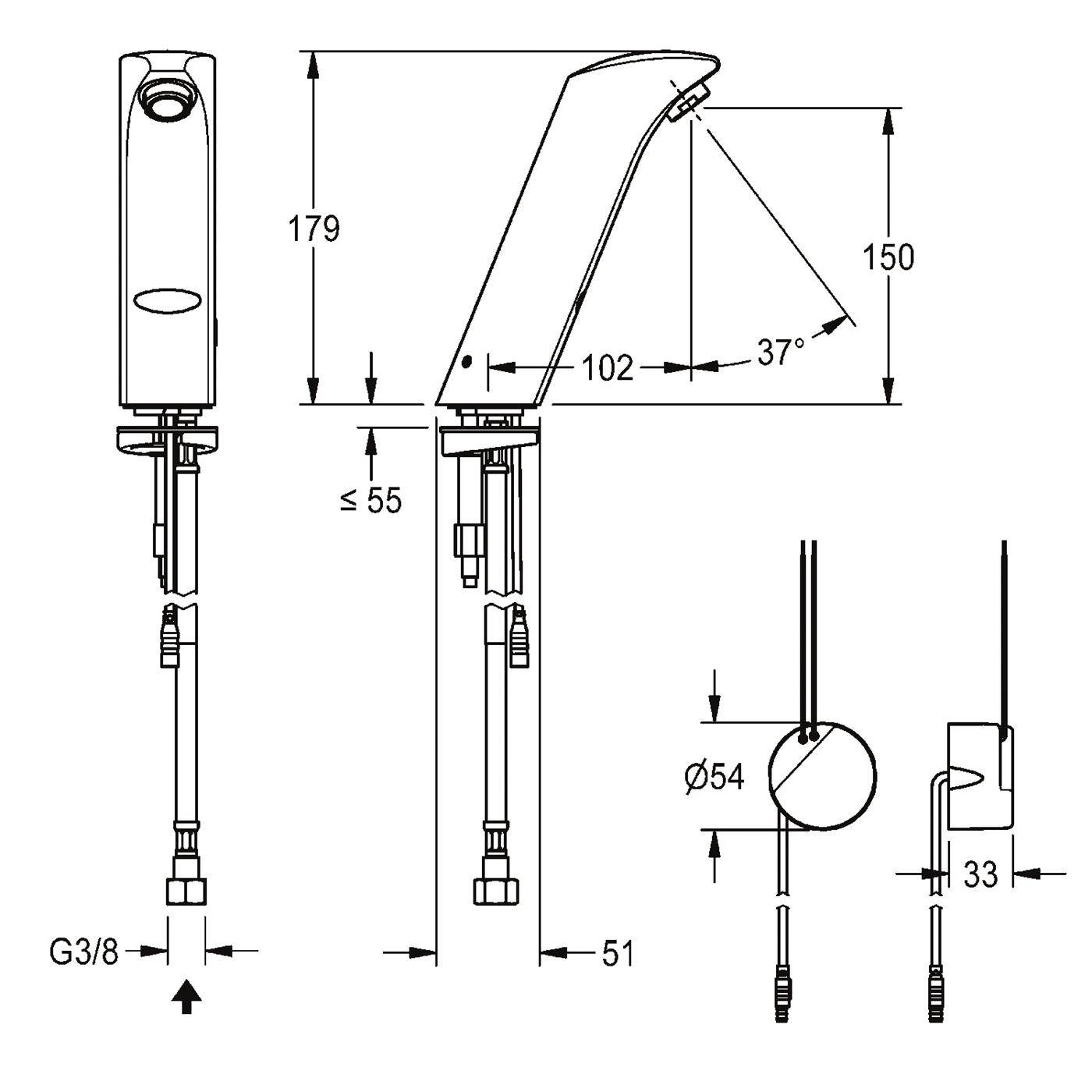 Technische Maßzeichnung eines Wasserhahns mit ausziehbarem Sprayer, mit Seitenansichten und Verbindungsdetails mit Abmessungen wie 179, 150, 102, 54, 51, 33, G3/8 und 37° Winkel.